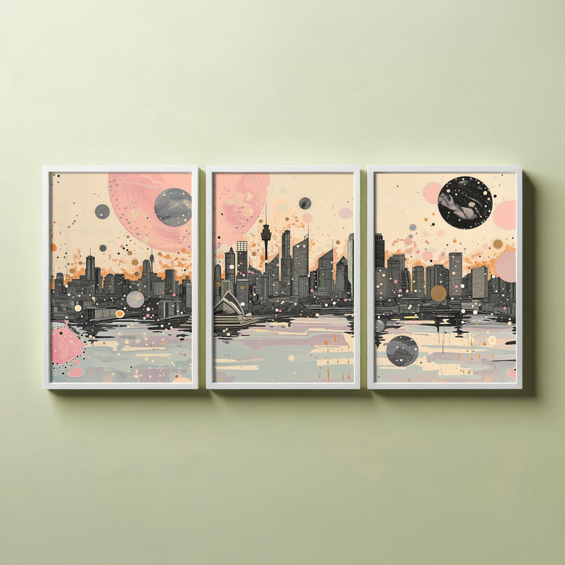Sydney Australia Set of Three Art Prints - Pink and Grey Harbour Skyline Panorama Posters - Planets City Illustration Decor
