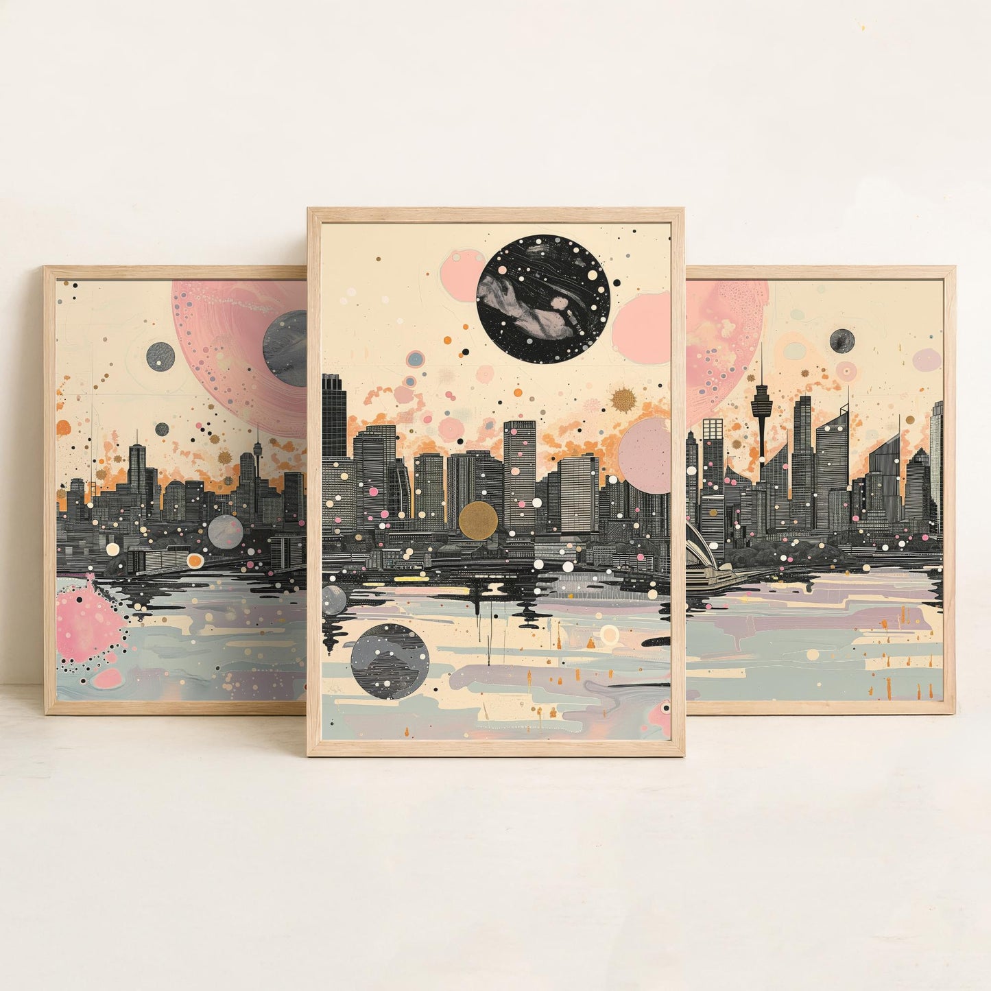 Sydney Australia Set of Three Art Prints - Pink and Grey Harbour Skyline Panorama Posters - Planets City Illustration Decor