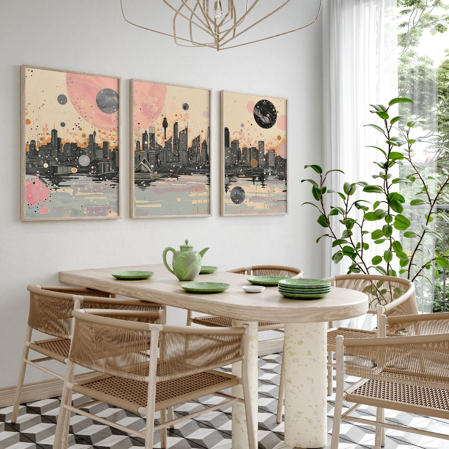 Sydney Australia Set of Three Art Prints - Pink and Grey Harbour Skyline Panorama Posters - Planets City Illustration Decor