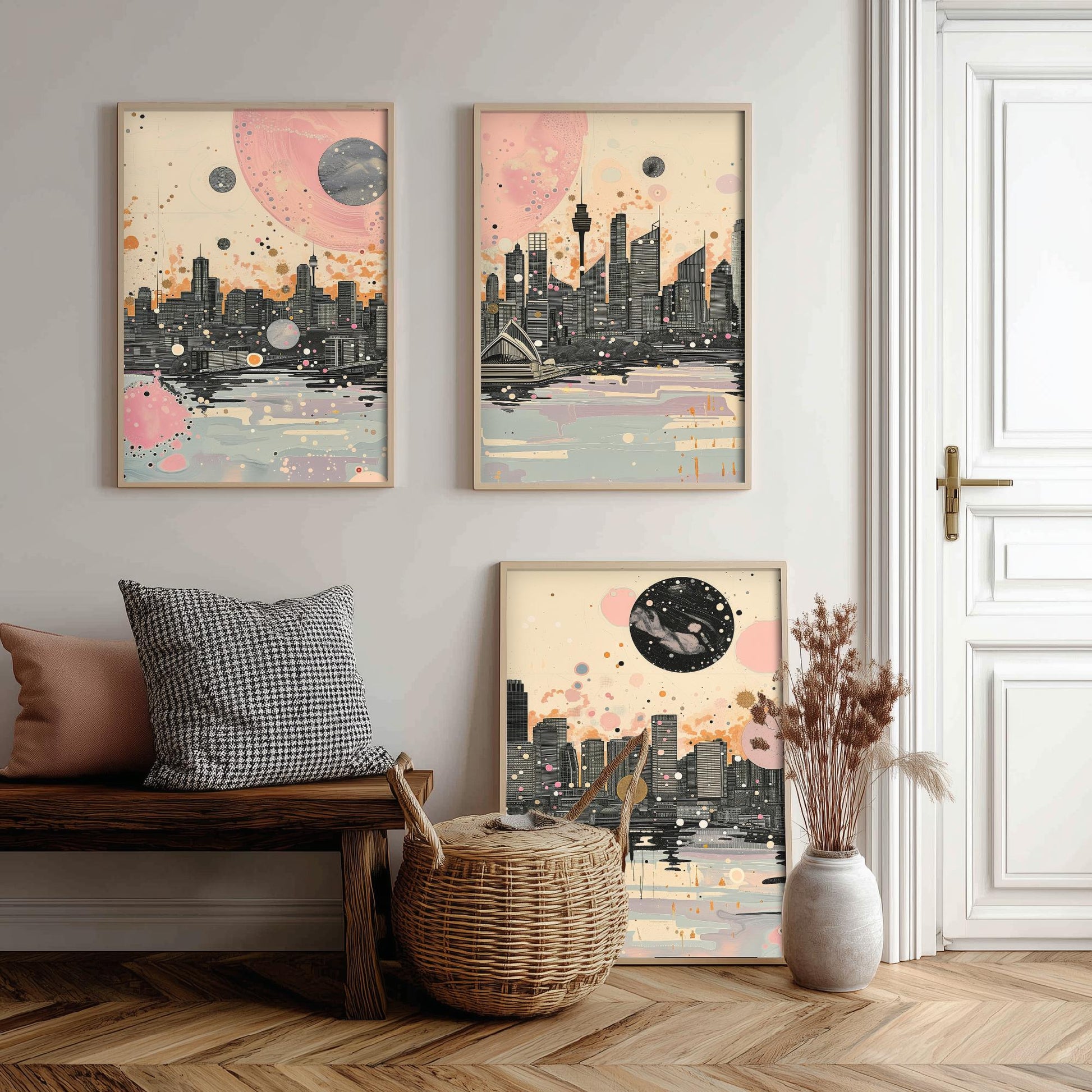 Sydney Australia Set of Three Art Prints - Pink and Grey Harbour Skyline Panorama Posters - Planets City Illustration Decor