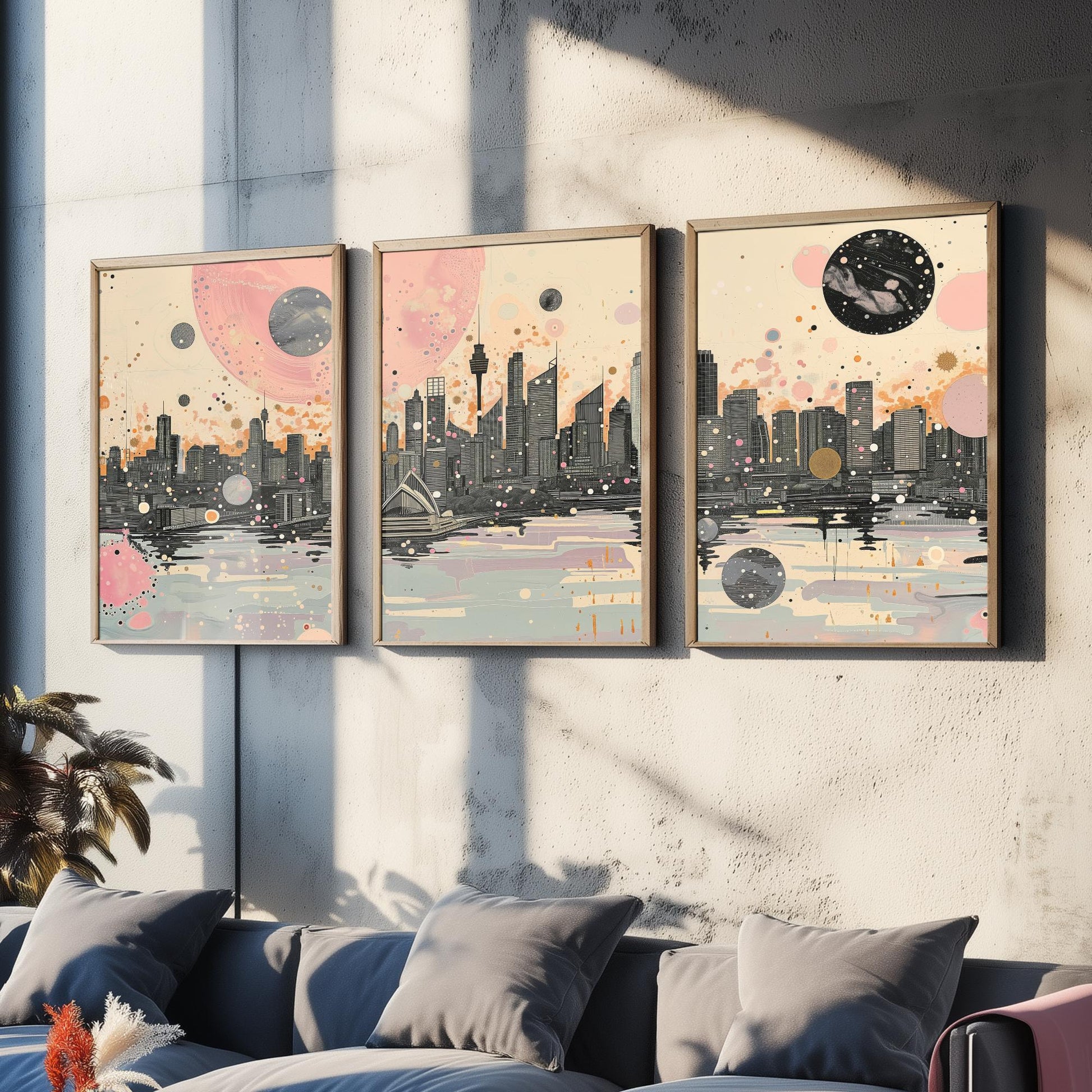 Sydney Australia Set of Three Art Prints - Pink and Grey Harbour Skyline Panorama Posters - Planets City Illustration Decor