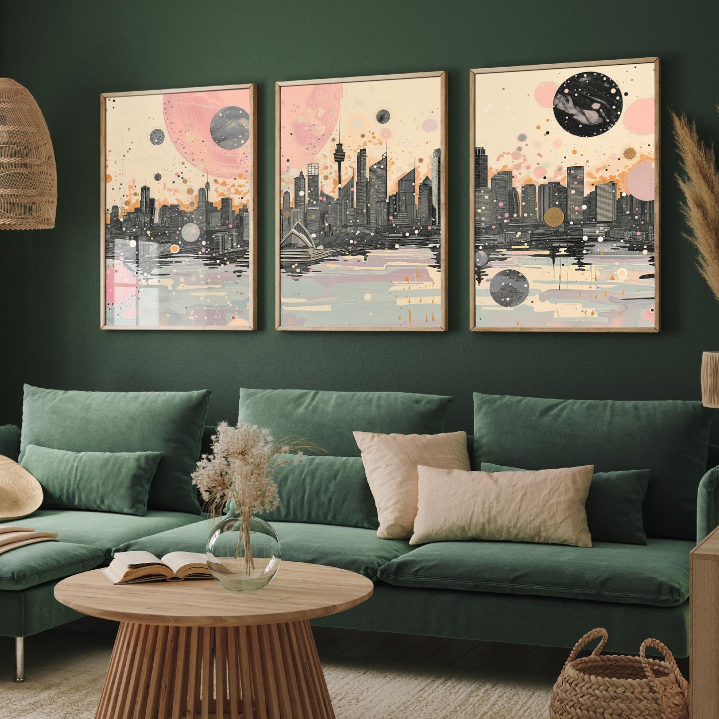 Sydney Australia Set of Three Art Prints - Pink and Grey Harbour Skyline Panorama Posters - Planets City Illustration Decor