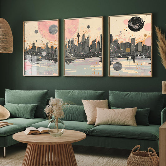Sydney Australia Set of Three Art Prints - Pink and Grey Harbour Skyline Panorama Posters - Planets City Illustration Decor