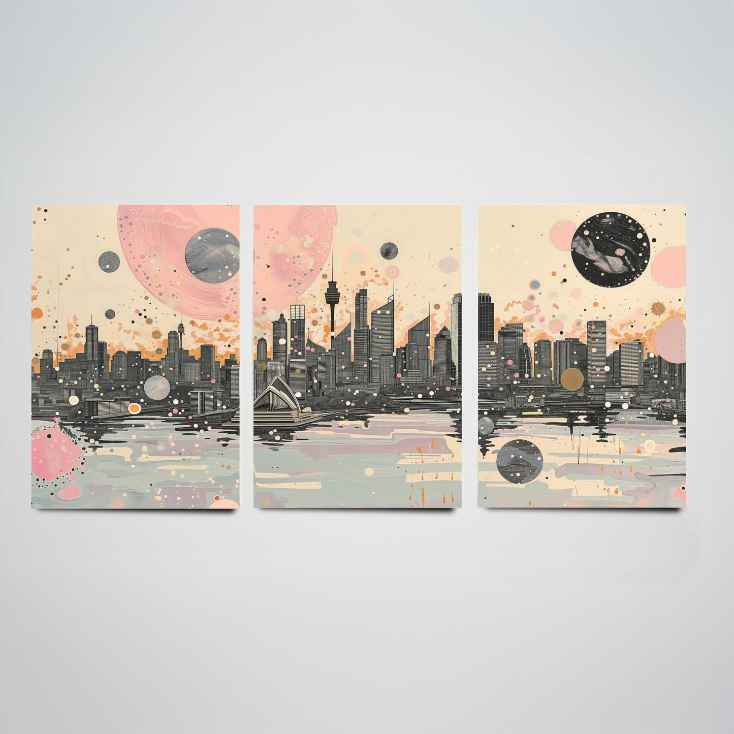 Sydney Australia Set of Three Art Prints - Pink and Grey Harbour Skyline Panorama Posters - Planets City Illustration Decor