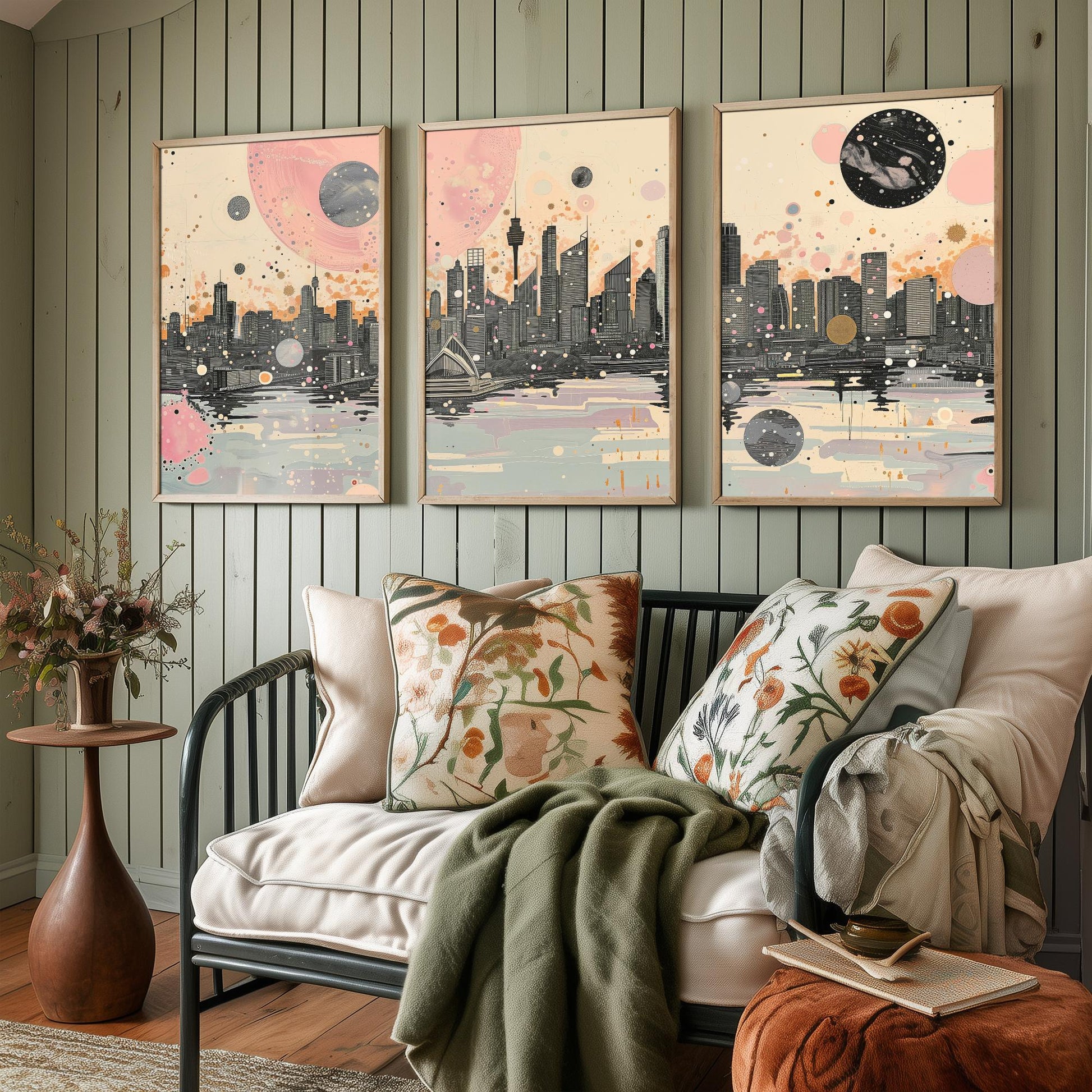 Sydney Australia Set of Three Art Prints - Pink and Grey Harbour Skyline Panorama Posters - Planets City Illustration Decor