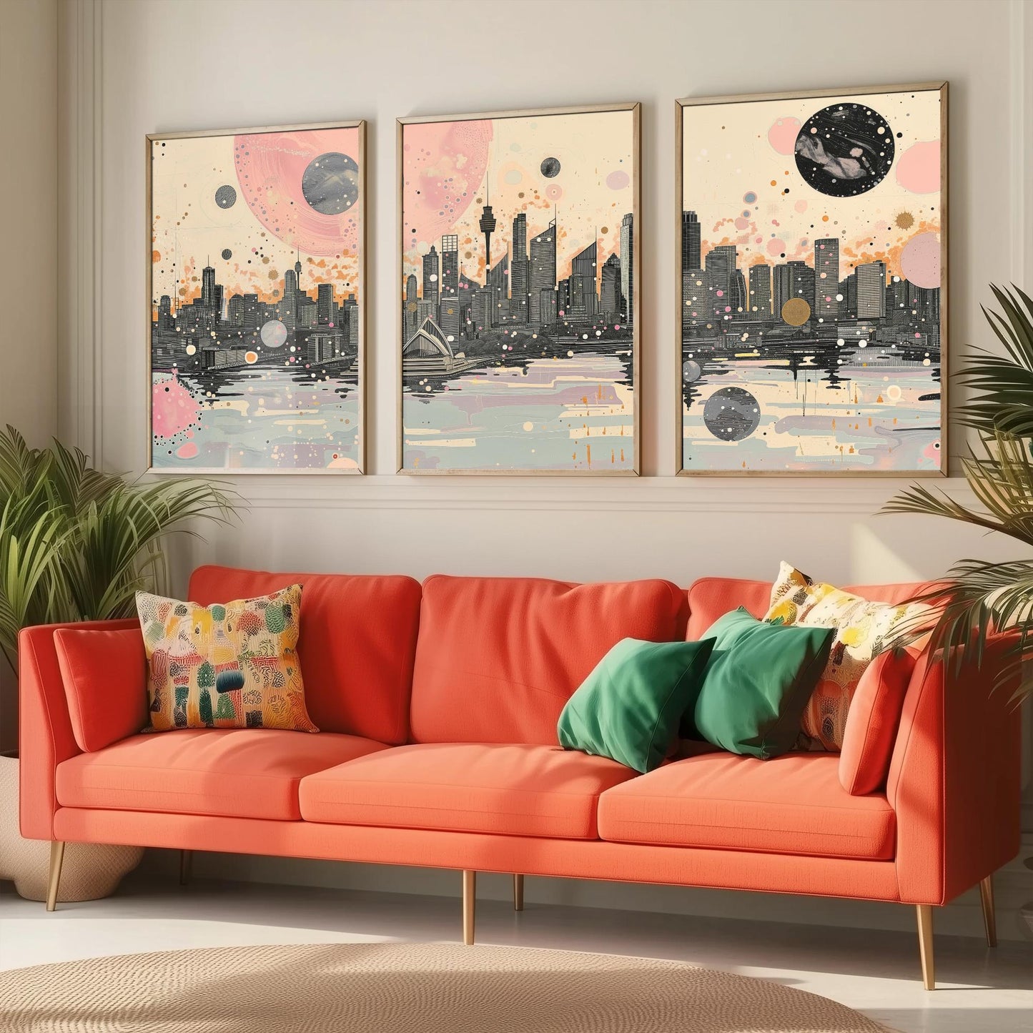 Sydney Australia Set of Three Art Prints - Pink and Grey Harbour Skyline Panorama Posters - Planets City Illustration Decor