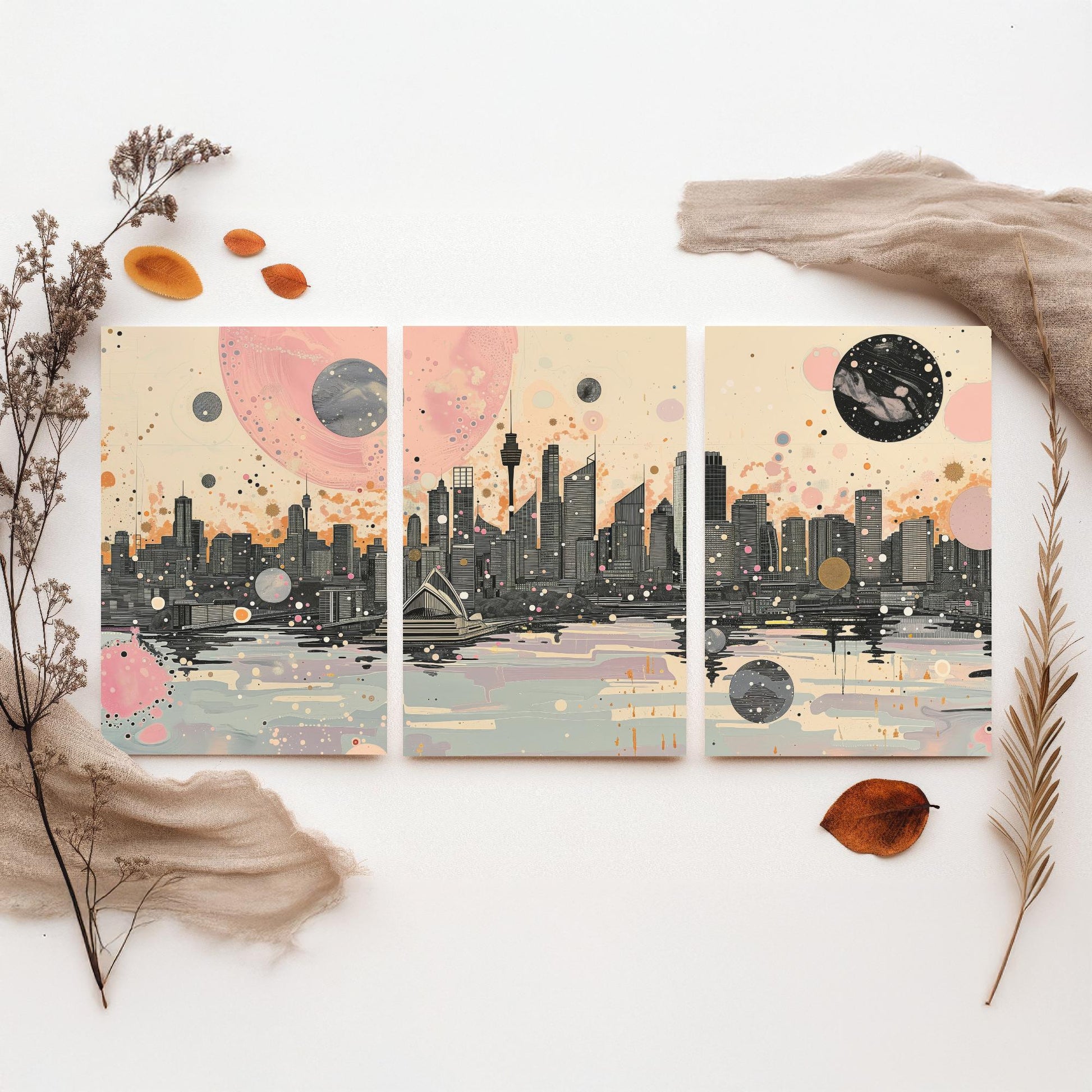 Sydney Australia Set of Three Art Prints - Pink and Grey Harbour Skyline Panorama Posters - Planets City Illustration Decor
