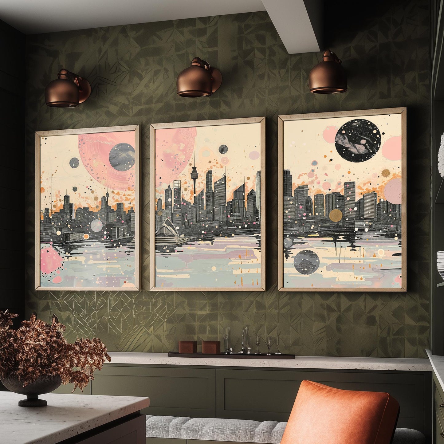 Sydney Australia Set of Three Art Prints - Pink and Grey Harbour Skyline Panorama Posters - Planets City Illustration Decor