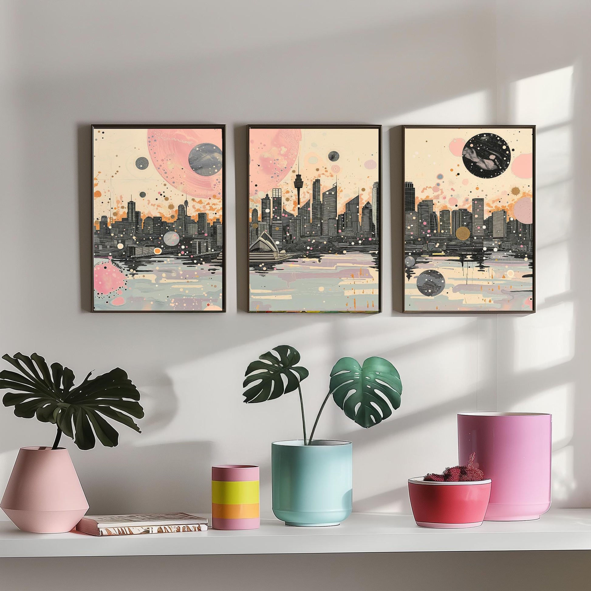 Sydney Australia Set of Three Art Prints - Pink and Grey Harbour Skyline Panorama Posters - Planets City Illustration Decor