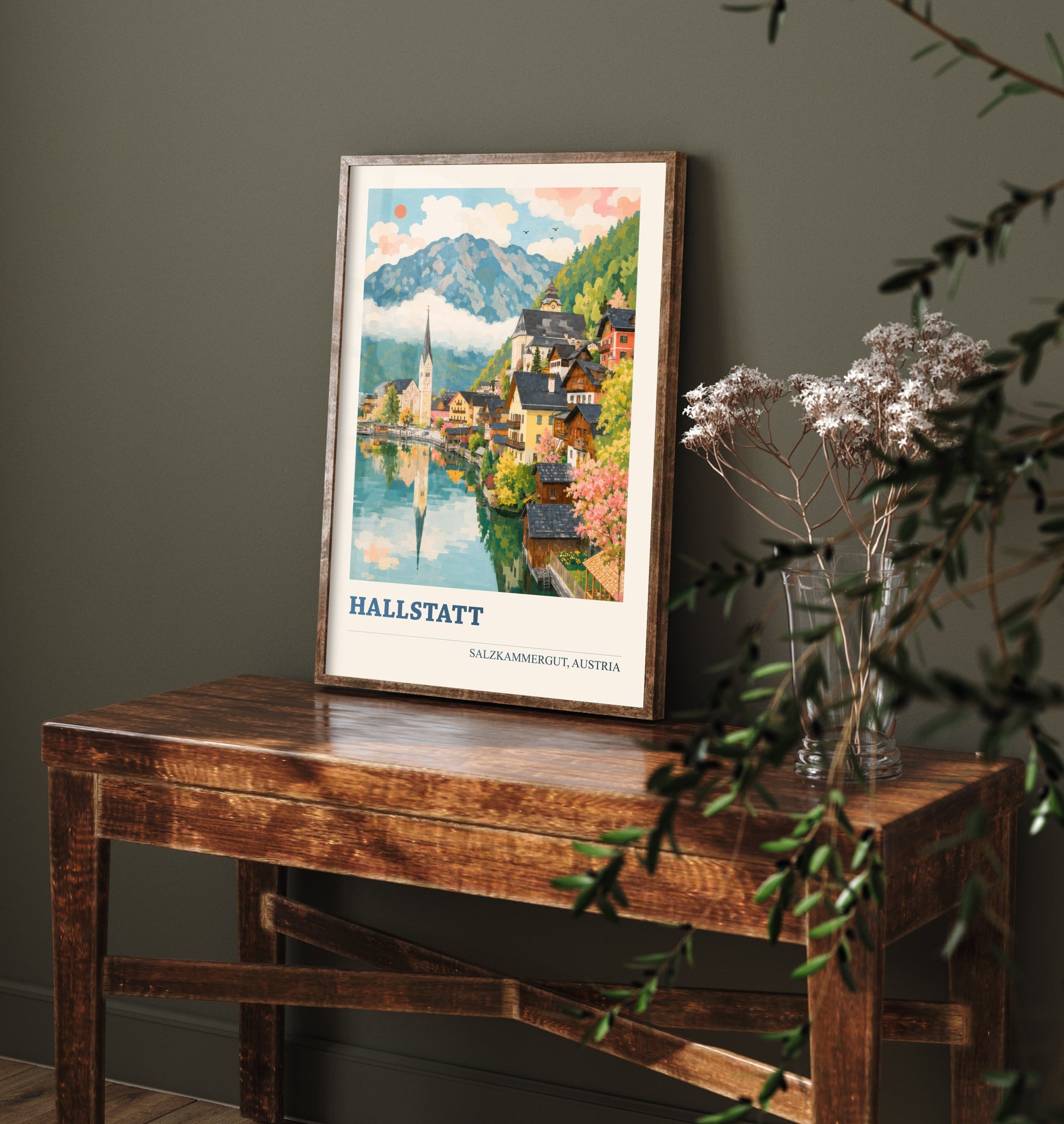 Hallstatt Travel Poster - Salzkammergut Austria Art Print - Lakeside Village Painting - Vibrant Alps V1 3/3