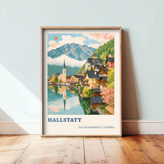 Hallstatt Travel Poster - Salzkammergut Austria Art Print - Lakeside Village Painting - Vibrant Alps V1 3/3