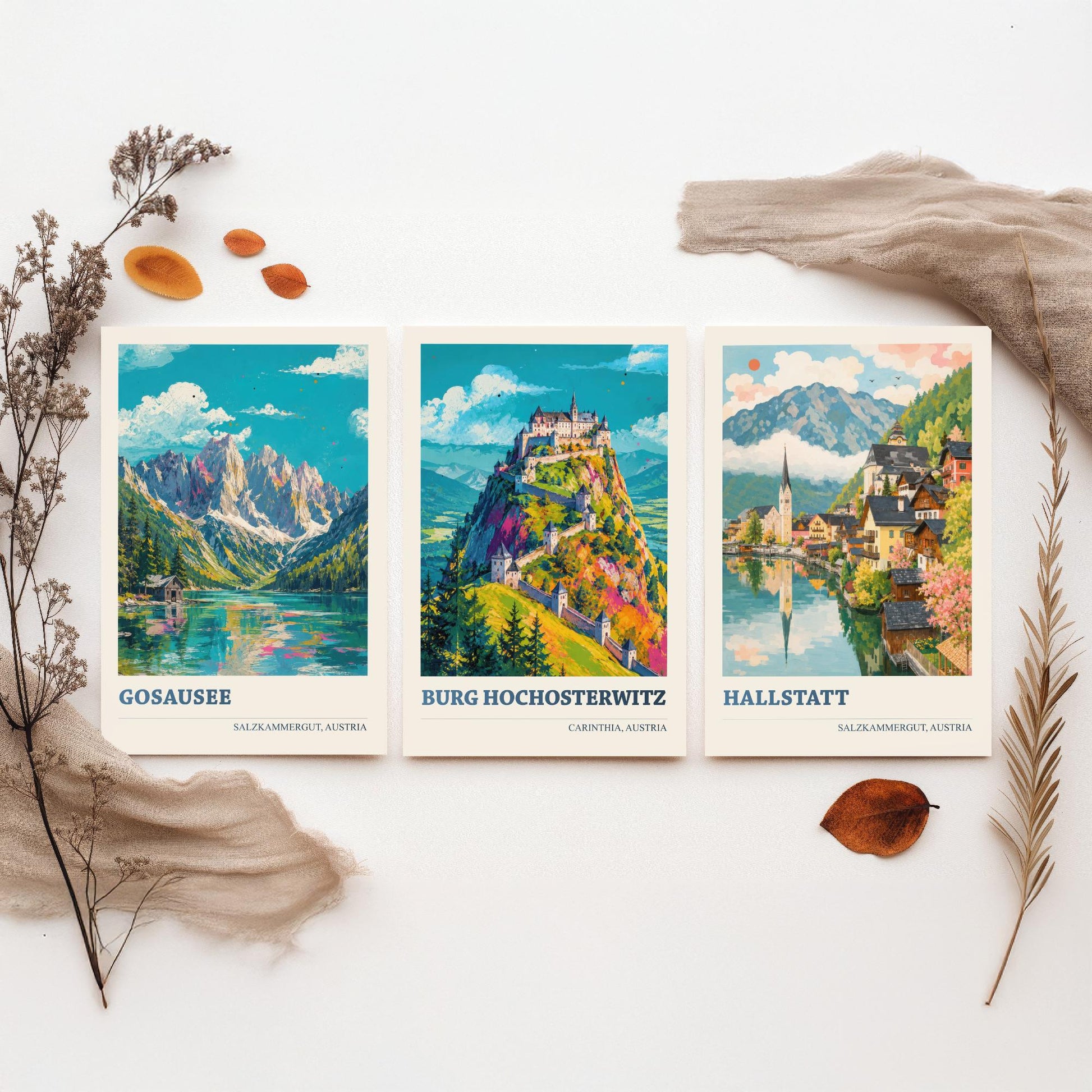 Austria Set of Three Prints | Gosausee Burg Hochosterwitz Hallstatt | Alpine Lake and Castle Painting Posters Wall Art V1
