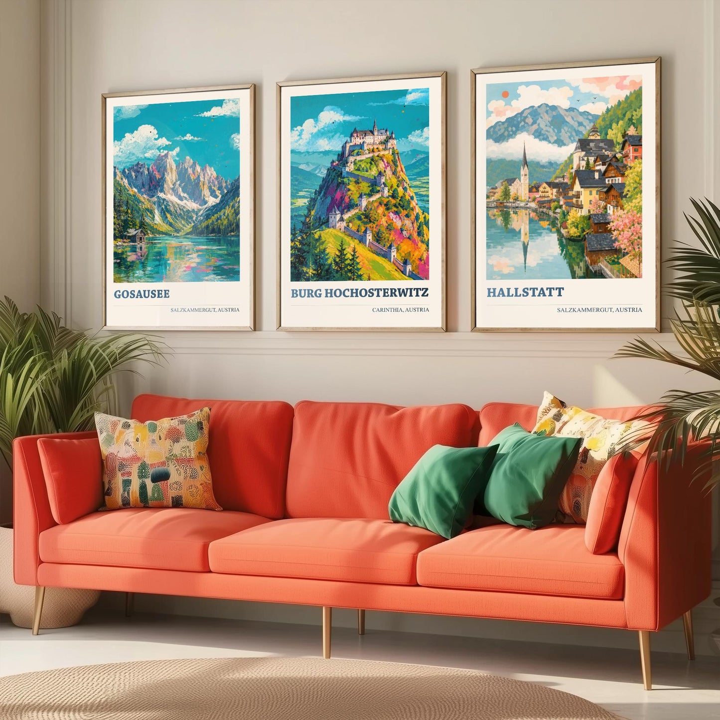Austria Set of Three Prints | Gosausee Burg Hochosterwitz Hallstatt | Alpine Lake and Castle Painting Posters Wall Art V1