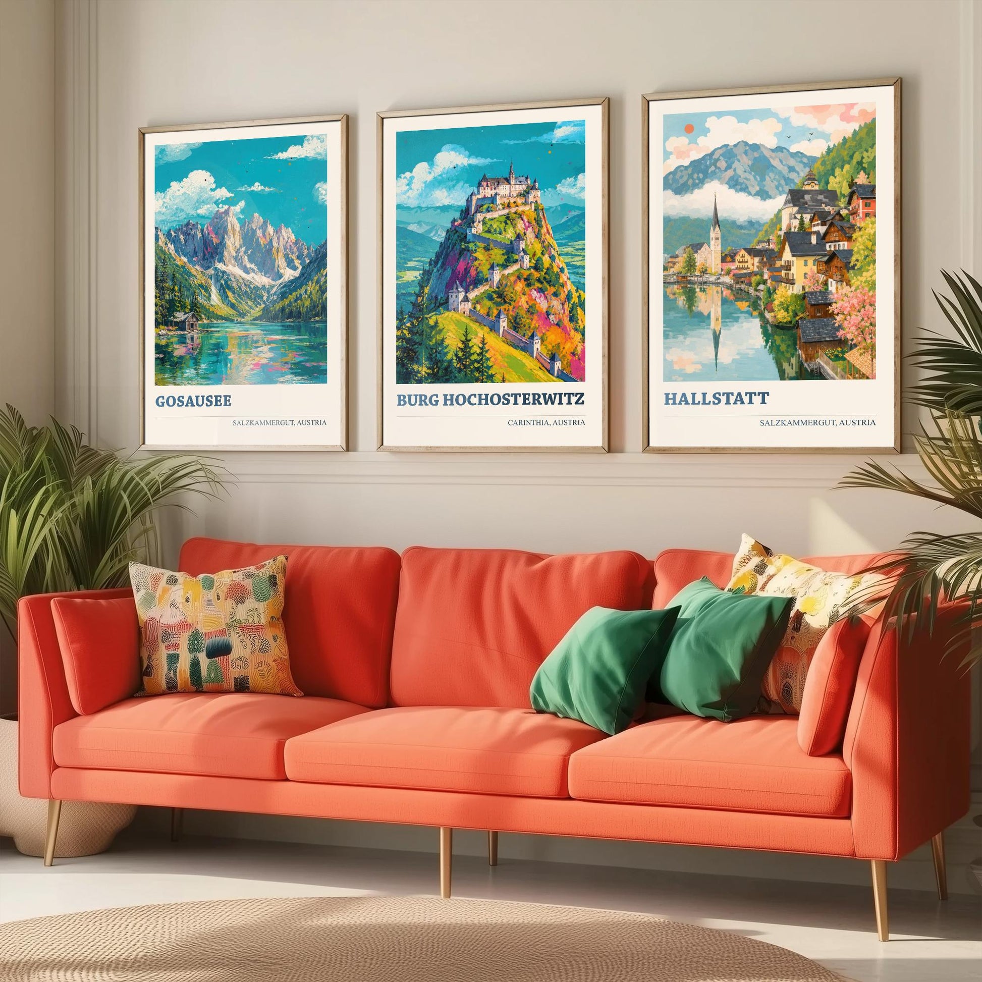 Austria Set of Three Prints | Gosausee Burg Hochosterwitz Hallstatt | Alpine Lake and Castle Painting Posters Wall Art V1