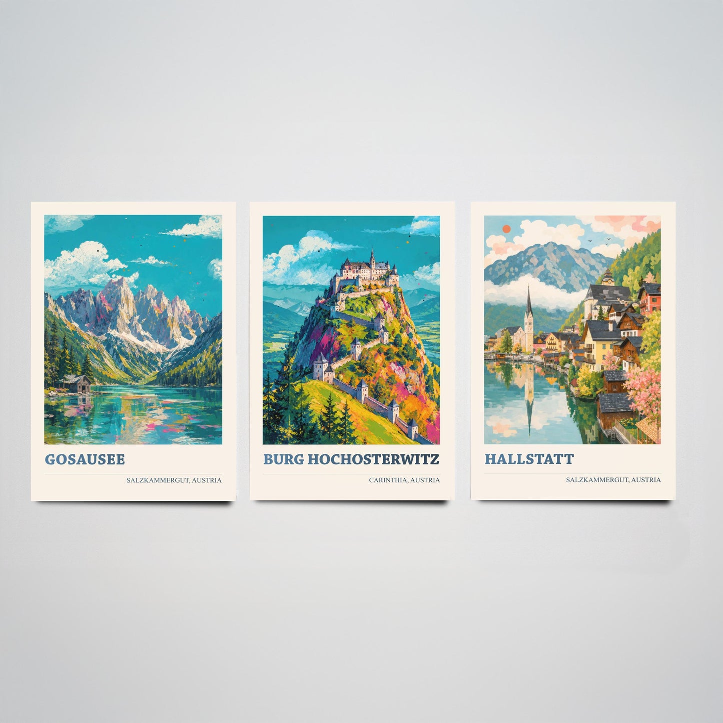 Austria Set of Three Prints | Gosausee Burg Hochosterwitz Hallstatt | Alpine Lake and Castle Painting Posters Wall Art V1