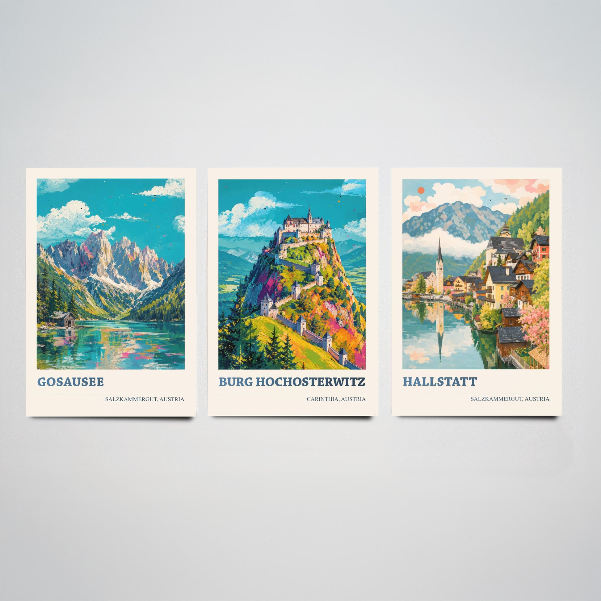 Austria Set of Three Prints | Gosausee Burg Hochosterwitz Hallstatt | Alpine Lake and Castle Painting Posters Wall Art V1