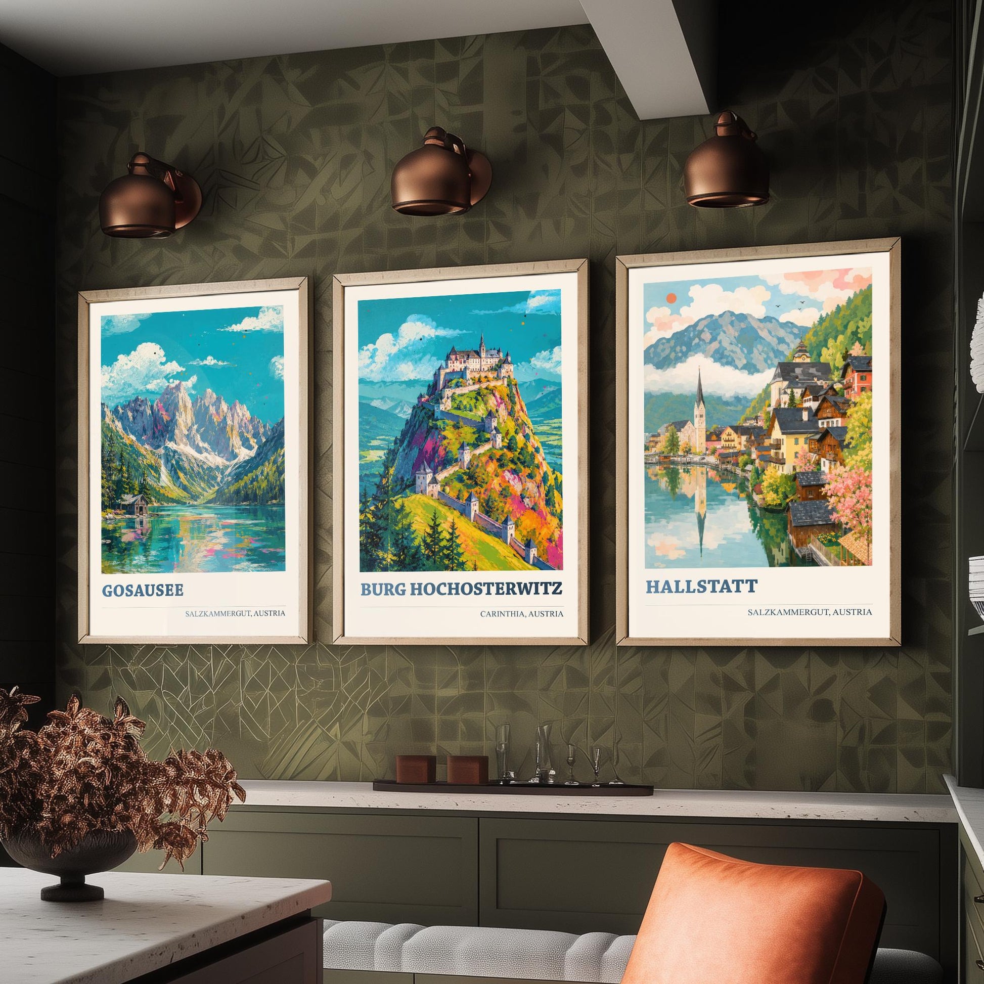Austria Set of Three Prints | Gosausee Burg Hochosterwitz Hallstatt | Alpine Lake and Castle Painting Posters Wall Art V1