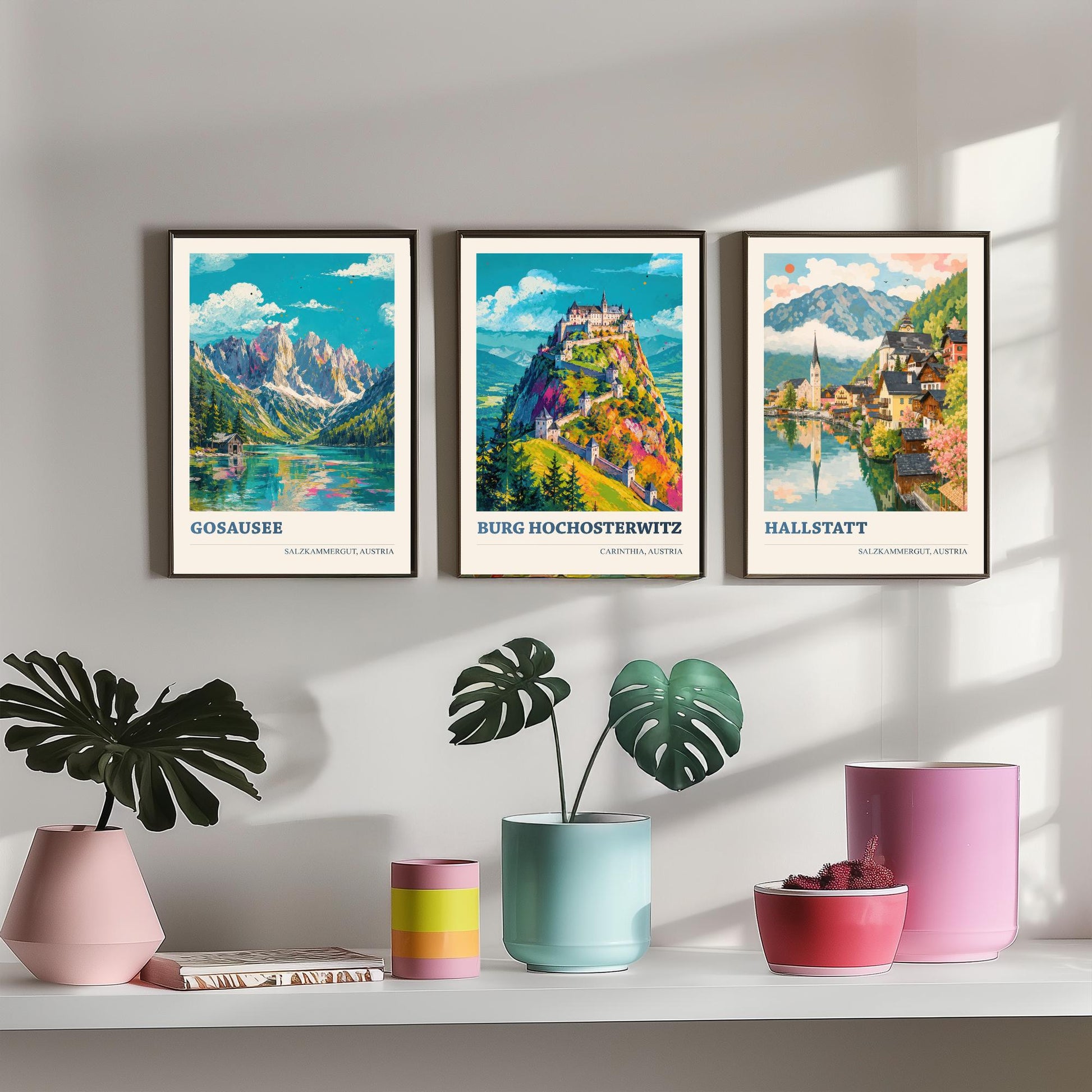 Austria Set of Three Prints | Gosausee Burg Hochosterwitz Hallstatt | Alpine Lake and Castle Painting Posters Wall Art V1