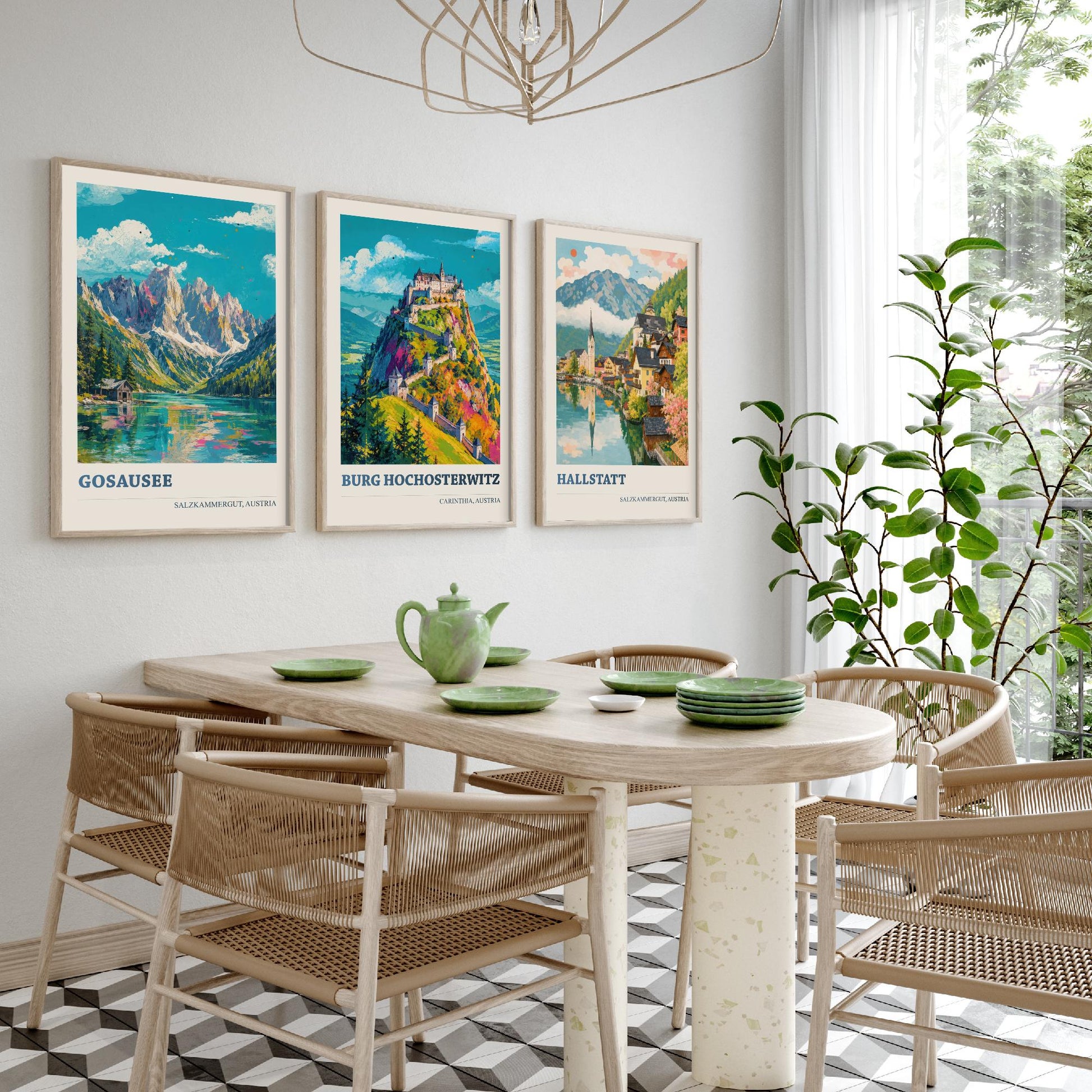 Austria Set of Three Prints | Gosausee Burg Hochosterwitz Hallstatt | Alpine Lake and Castle Painting Posters Wall Art V1