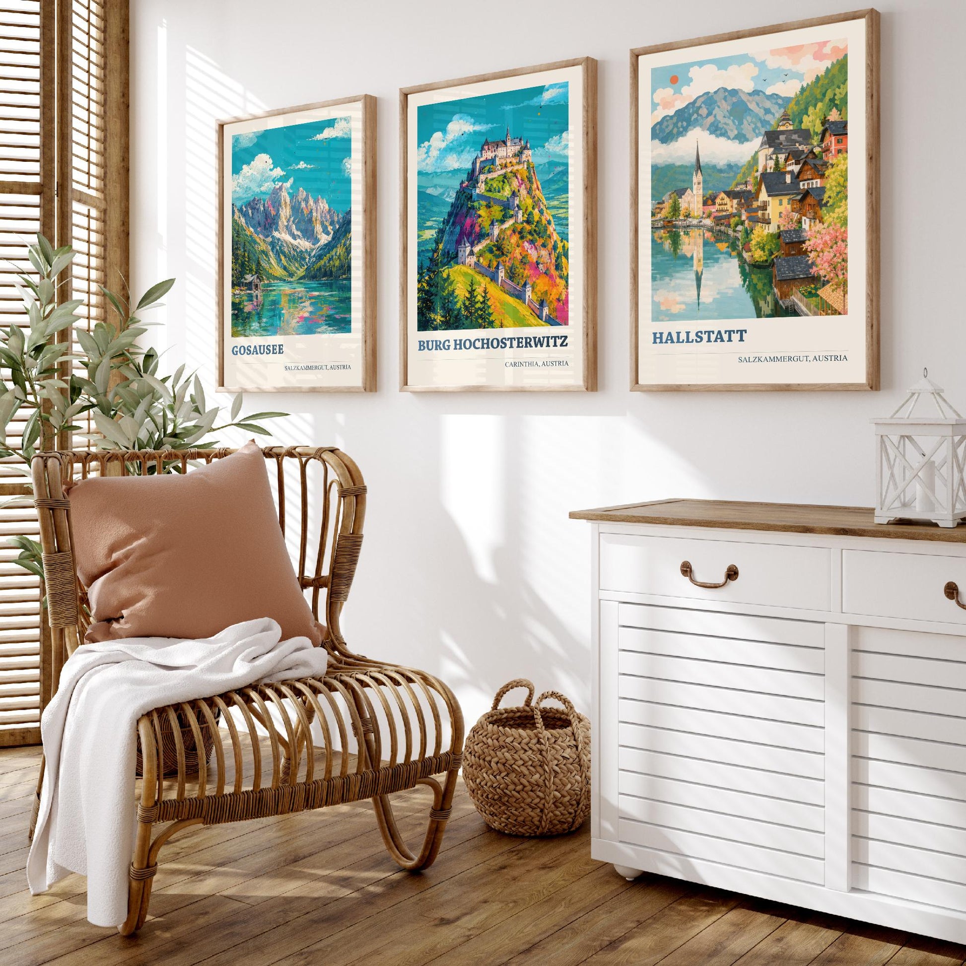 Austria Set of Three Prints | Gosausee Burg Hochosterwitz Hallstatt | Alpine Lake and Castle Painting Posters Wall Art V1