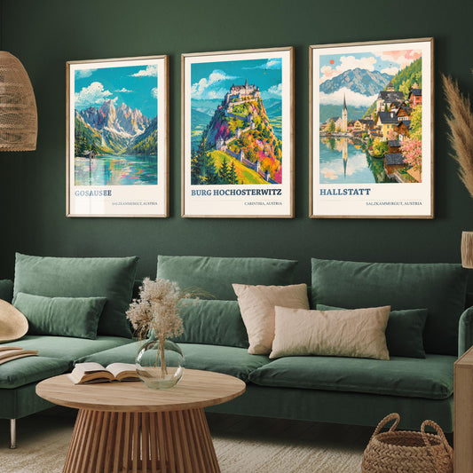 Austria Set of Three Prints | Gosausee Burg Hochosterwitz Hallstatt | Alpine Lake and Castle Painting Posters Wall Art V1