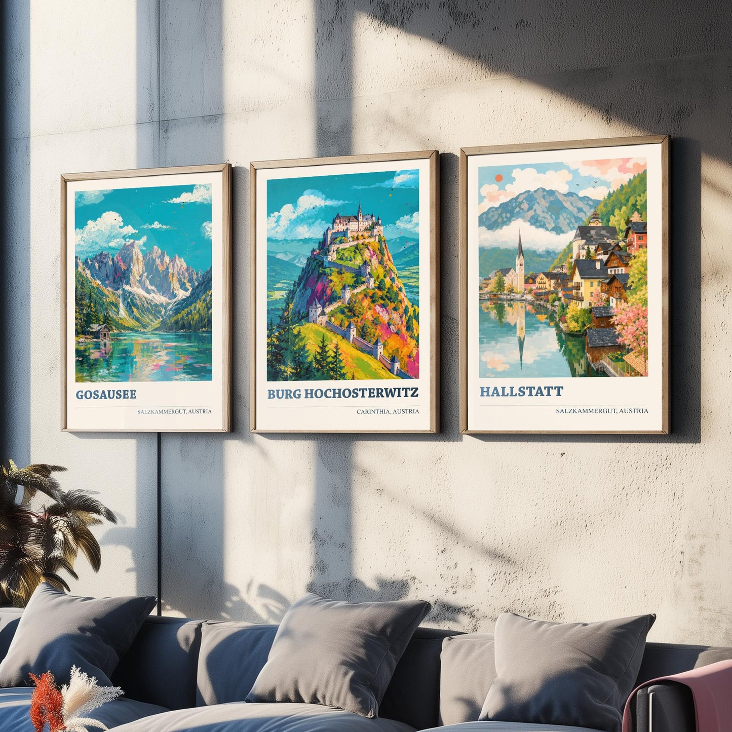 Austria Set of Three Prints | Gosausee Burg Hochosterwitz Hallstatt | Alpine Lake and Castle Painting Posters Wall Art V1