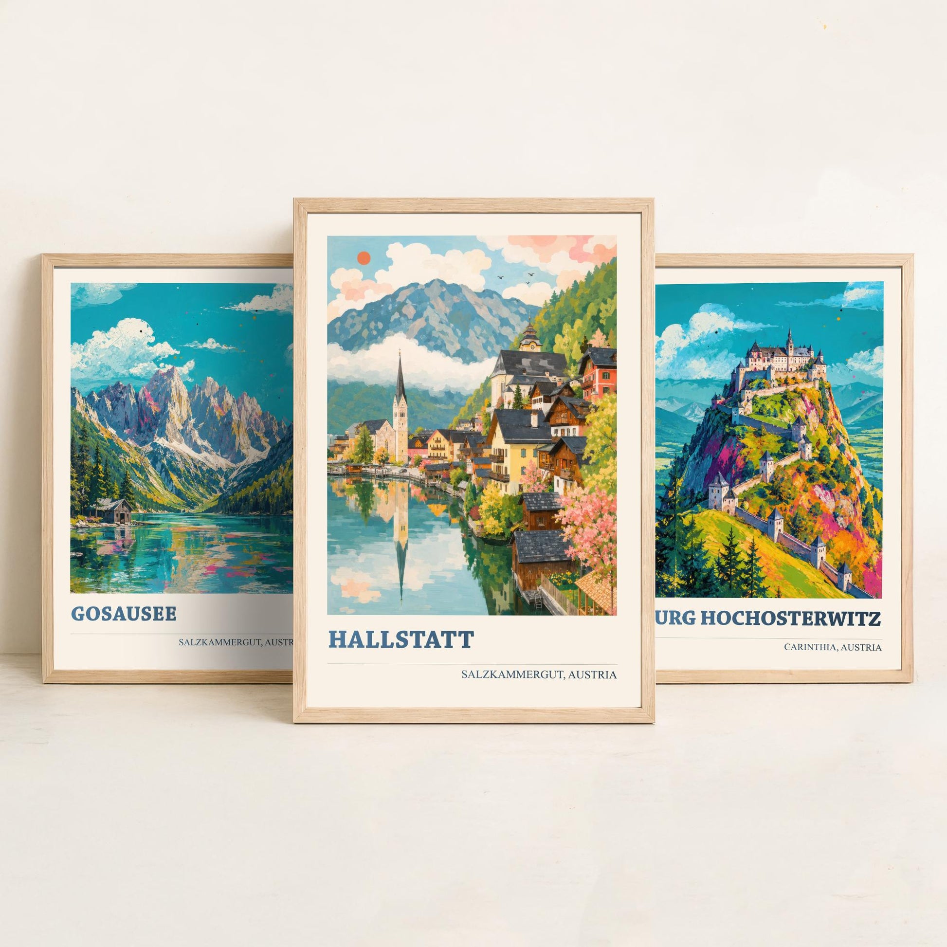 Austria Set of Three Prints | Gosausee Burg Hochosterwitz Hallstatt | Alpine Lake and Castle Painting Posters Wall Art V1