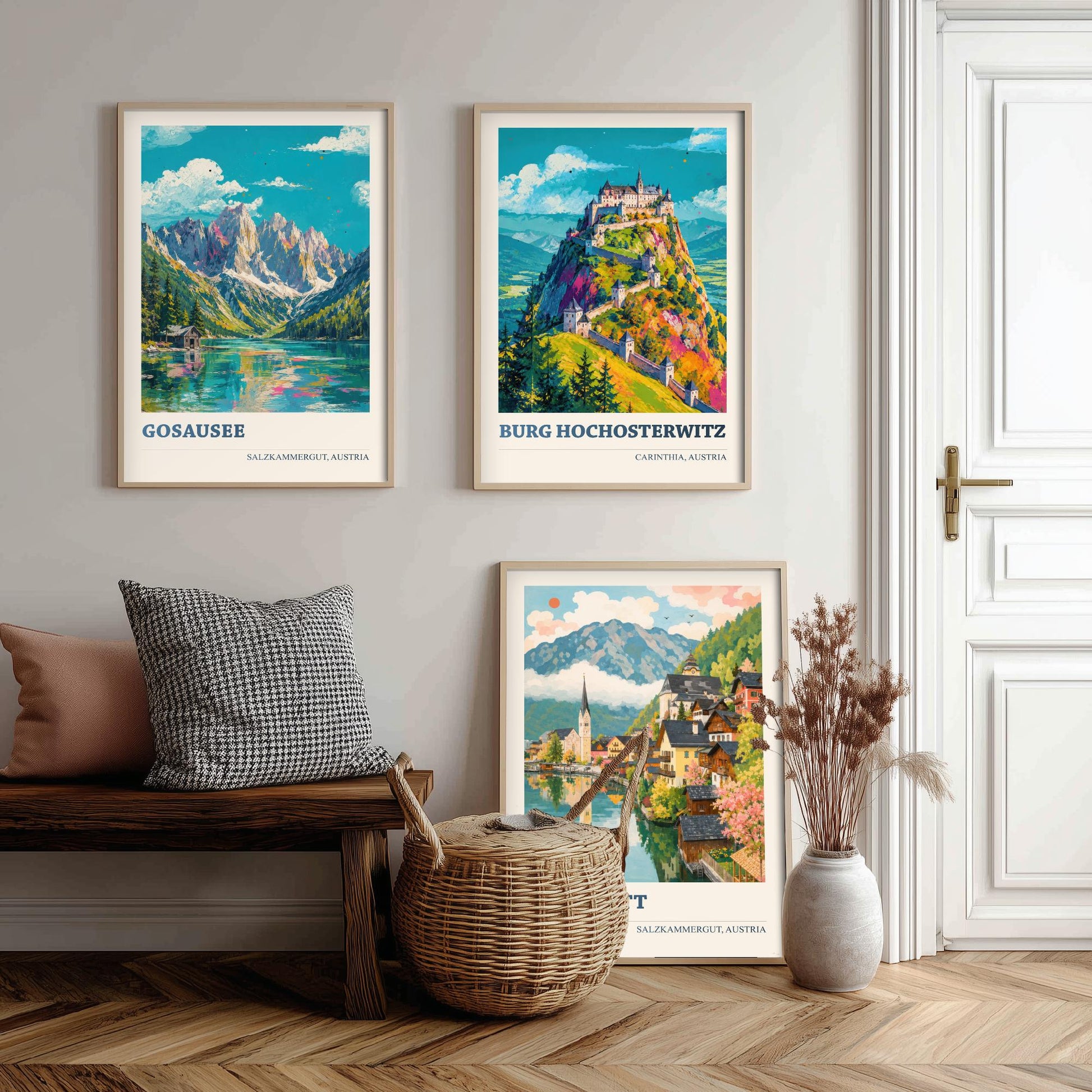 Austria Set of Three Prints | Gosausee Burg Hochosterwitz Hallstatt | Alpine Lake and Castle Painting Posters Wall Art V1