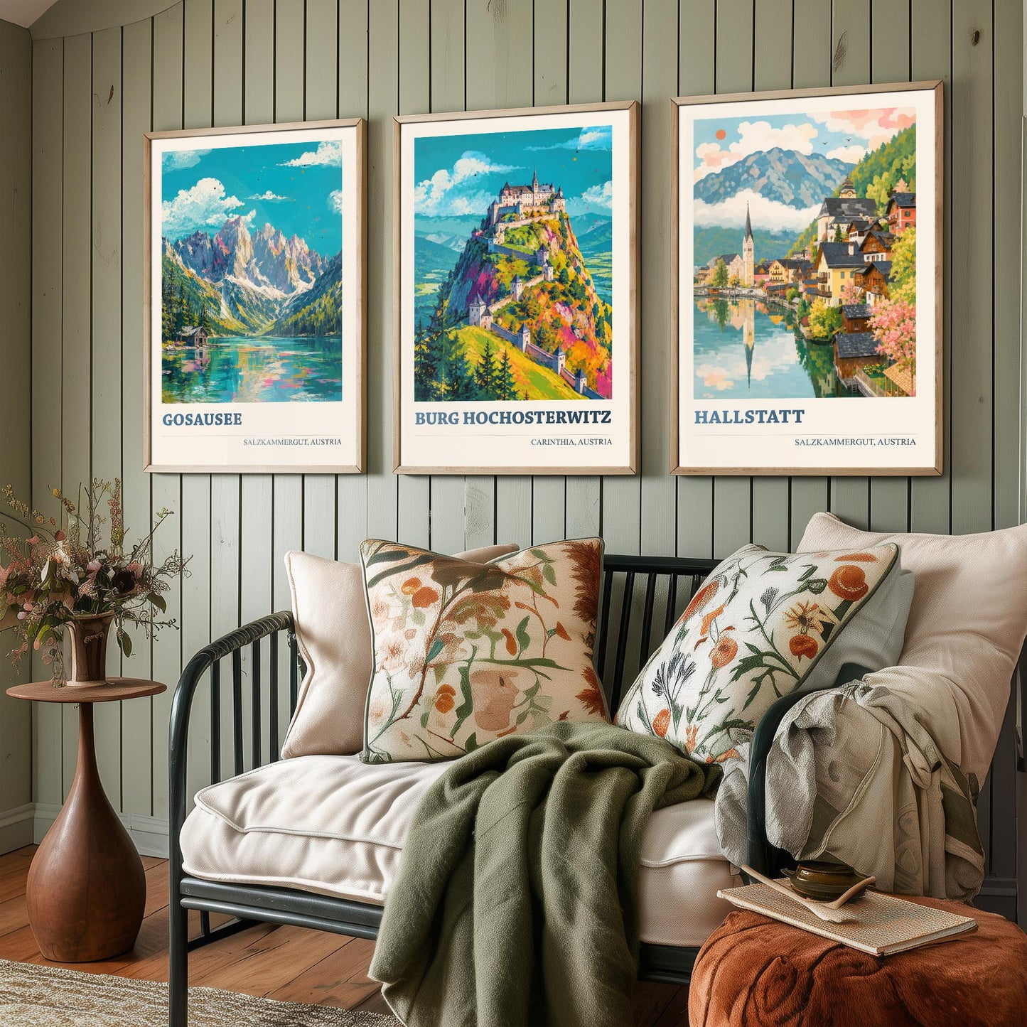 Austria Set of Three Prints | Gosausee Burg Hochosterwitz Hallstatt | Alpine Lake and Castle Painting Posters Wall Art V1