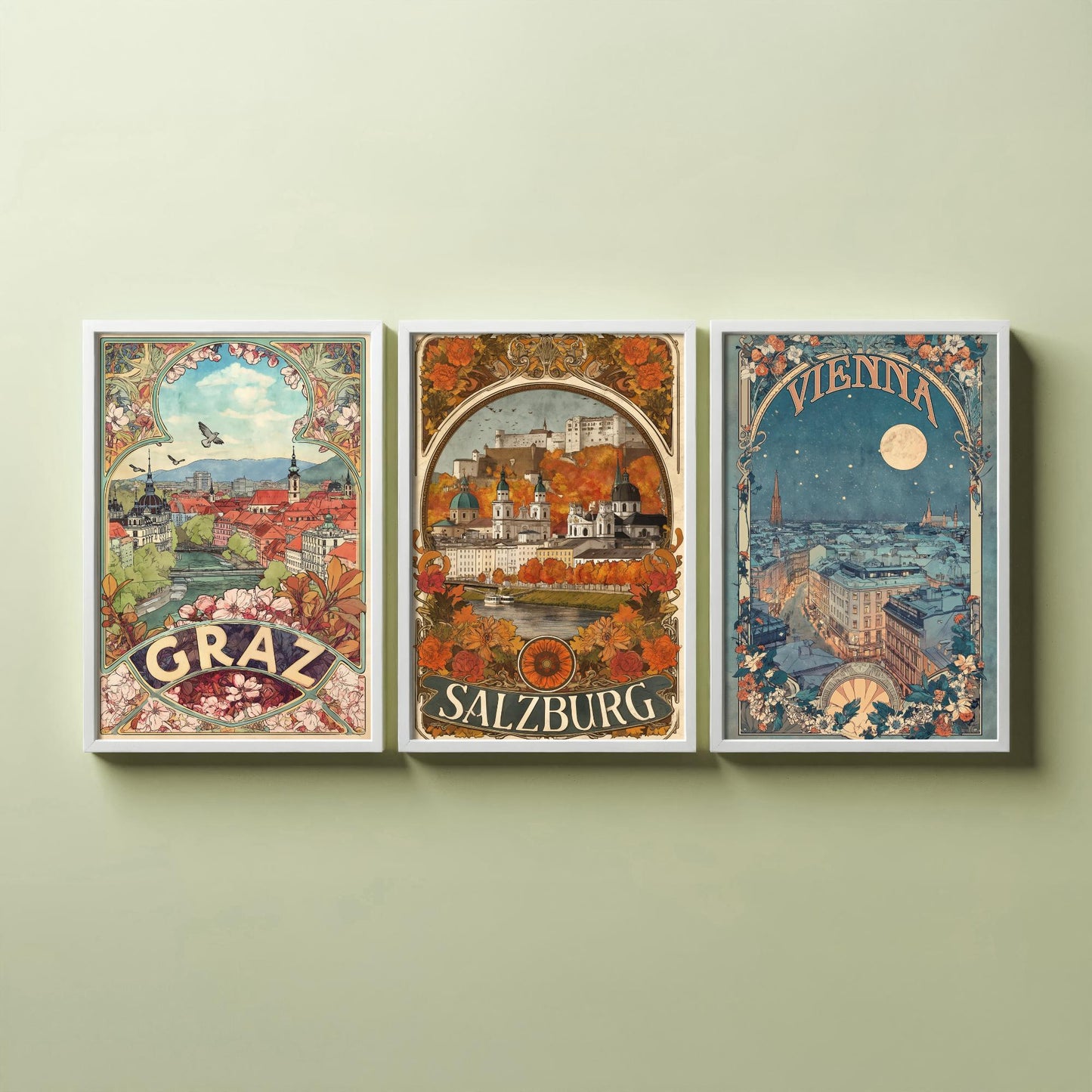 Austria Art Nouveau Set of Three Travel Posters - Graz, Salzburg, Vienna - 3 Ornate Vintage City Art Prints - Illustration