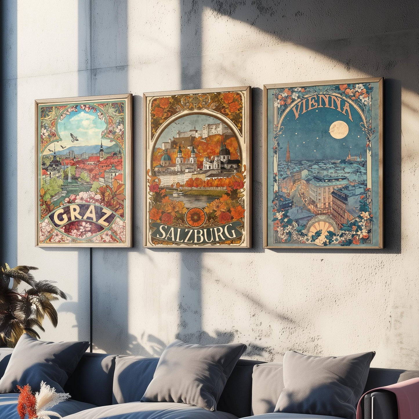 Austria Art Nouveau Set of Three Travel Posters - Graz, Salzburg, Vienna - 3 Ornate Vintage City Art Prints - Illustration