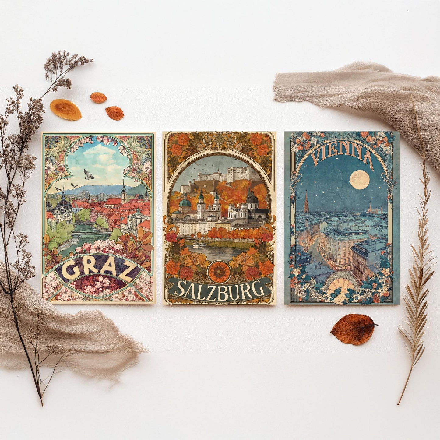 Austria Art Nouveau Set of Three Travel Posters - Graz, Salzburg, Vienna - 3 Ornate Vintage City Art Prints - Illustration