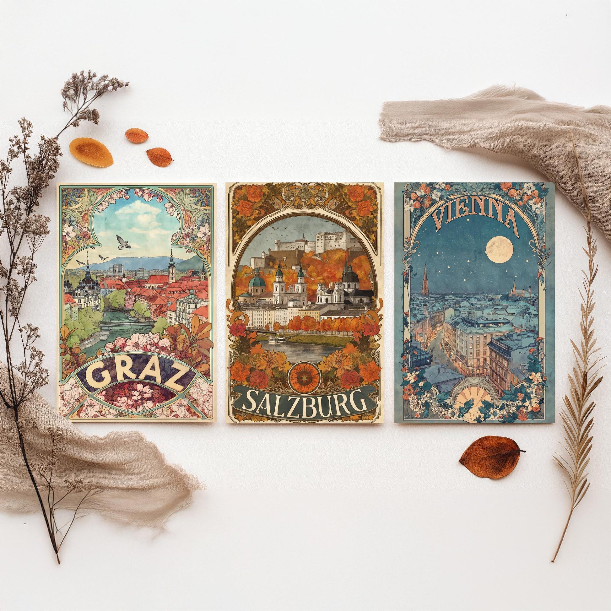 Austria Art Nouveau Set of Three Travel Posters - Graz, Salzburg, Vienna - 3 Ornate Vintage City Art Prints - Illustration