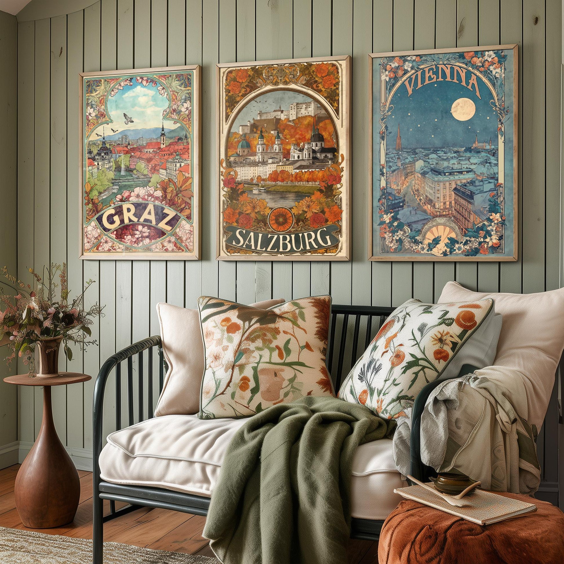 Austria Art Nouveau Set of Three Travel Posters - Graz, Salzburg, Vienna - 3 Ornate Vintage City Art Prints - Illustration