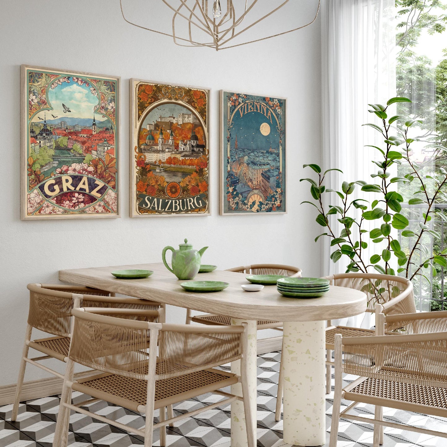 Austria Art Nouveau Set of Three Travel Posters - Graz, Salzburg, Vienna - 3 Ornate Vintage City Art Prints - Illustration