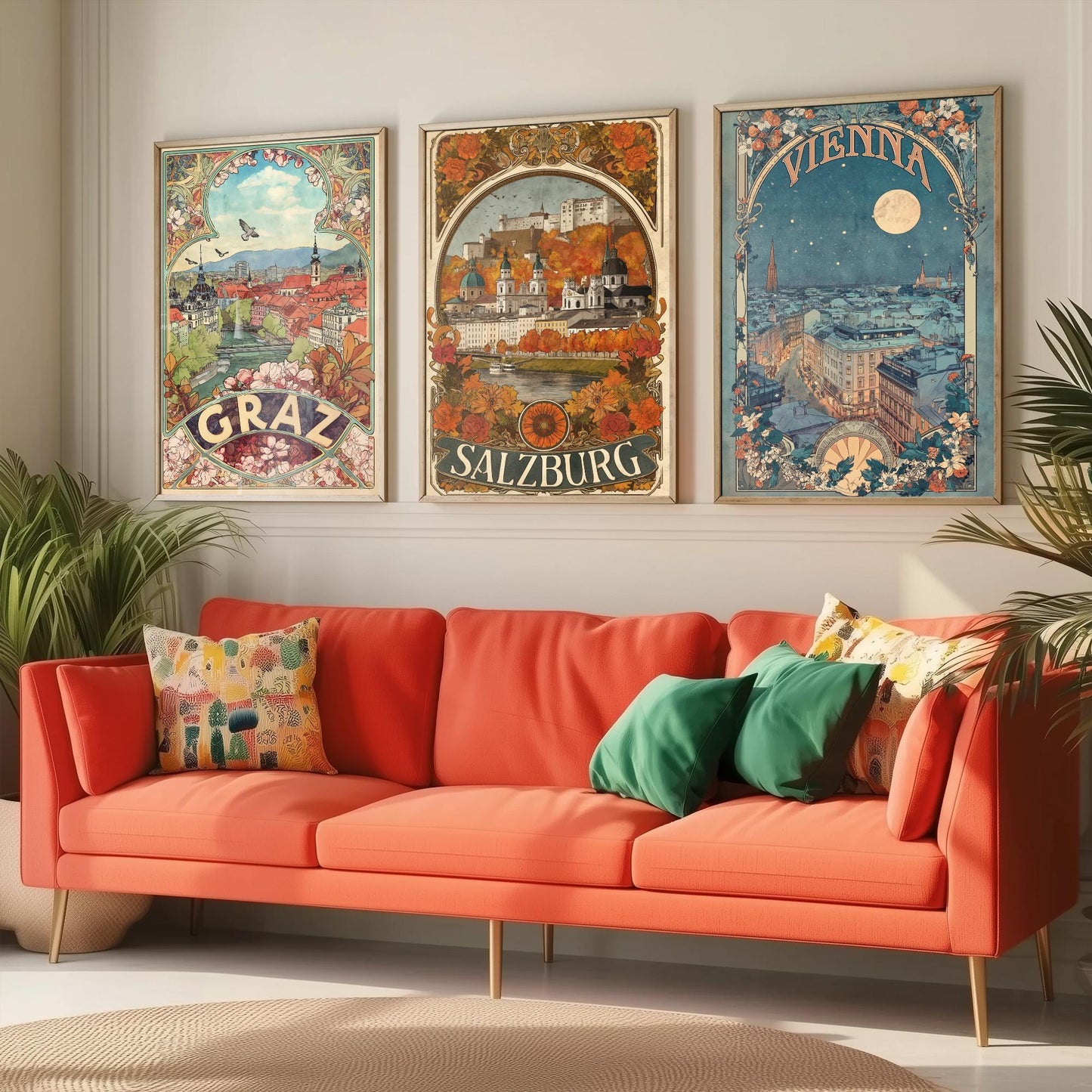 Austria Art Nouveau Set of Three Travel Posters - Graz, Salzburg, Vienna - 3 Ornate Vintage City Art Prints - Illustration