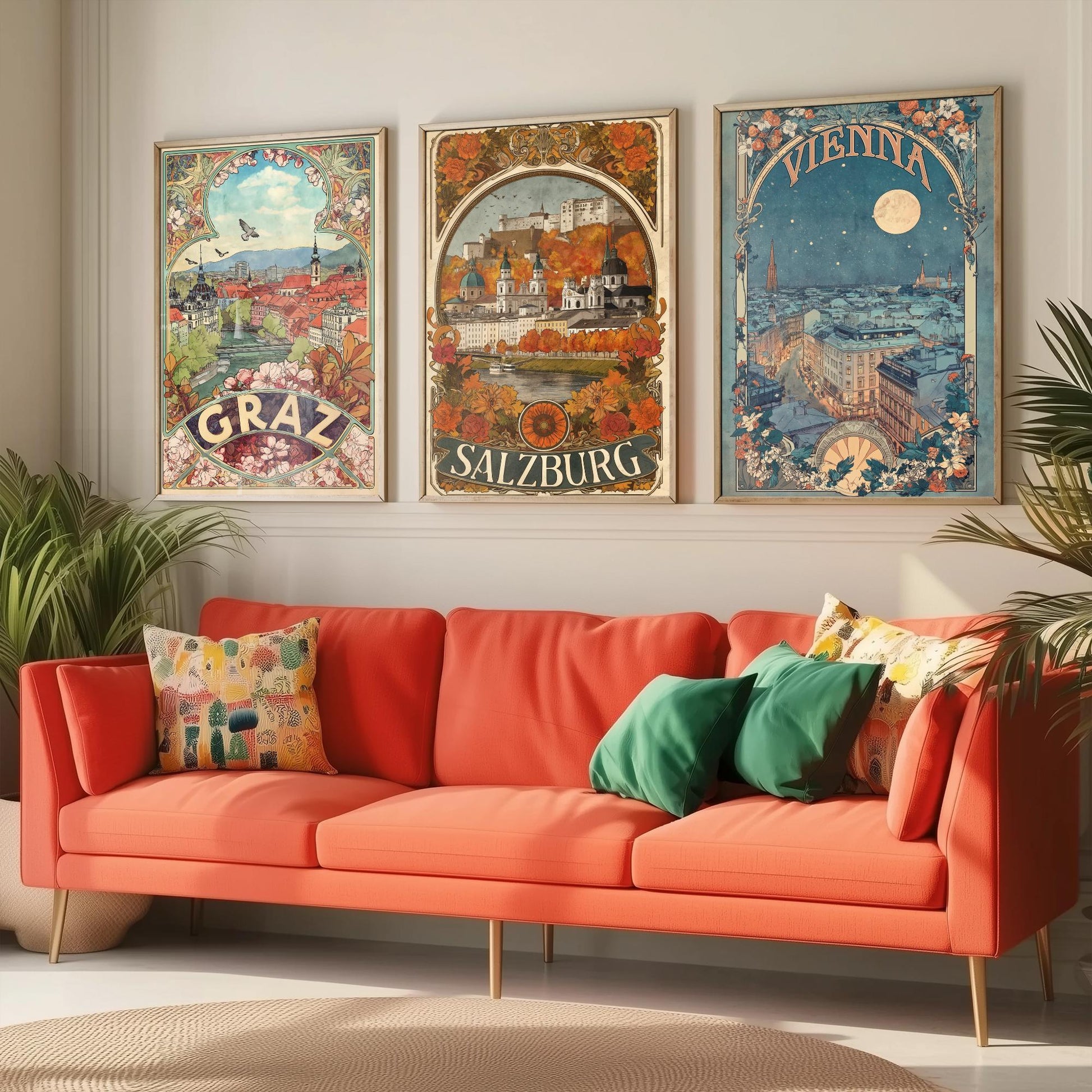 Austria Art Nouveau Set of Three Travel Posters - Graz, Salzburg, Vienna - 3 Ornate Vintage City Art Prints - Illustration