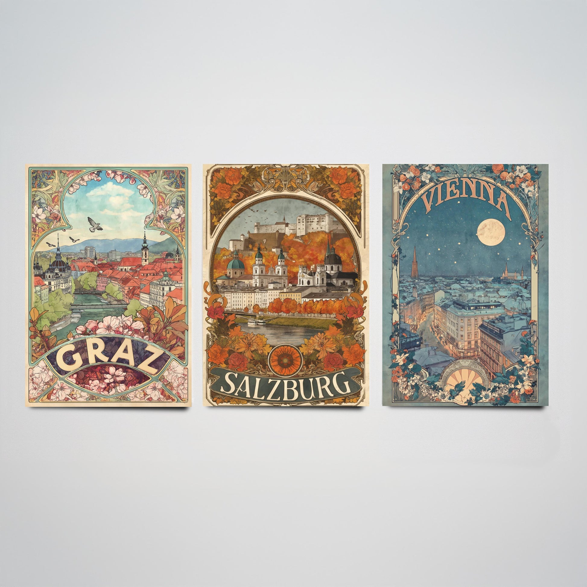 Austria Art Nouveau Set of Three Travel Posters - Graz, Salzburg, Vienna - 3 Ornate Vintage City Art Prints - Illustration