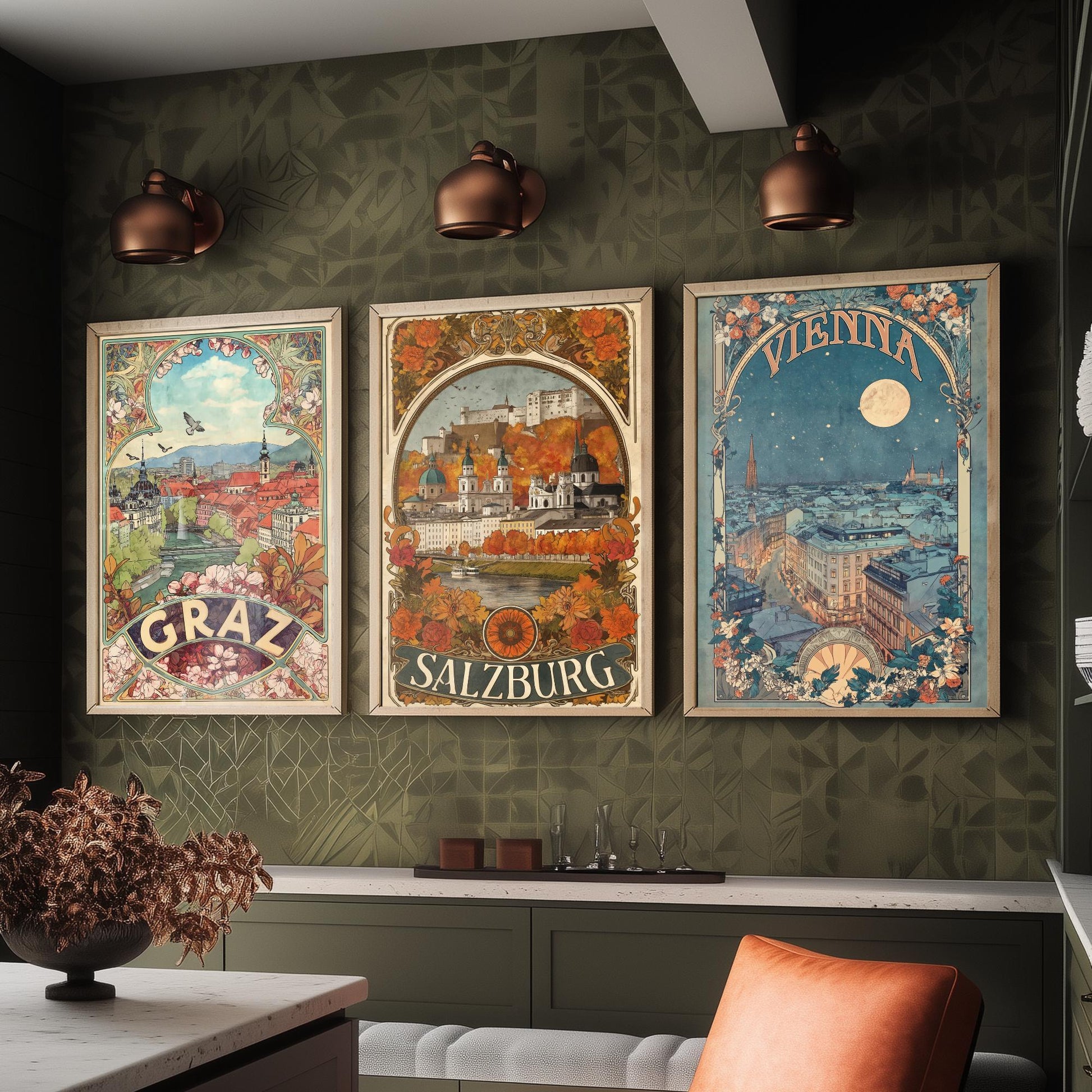 Austria Art Nouveau Set of Three Travel Posters - Graz, Salzburg, Vienna - 3 Ornate Vintage City Art Prints - Illustration