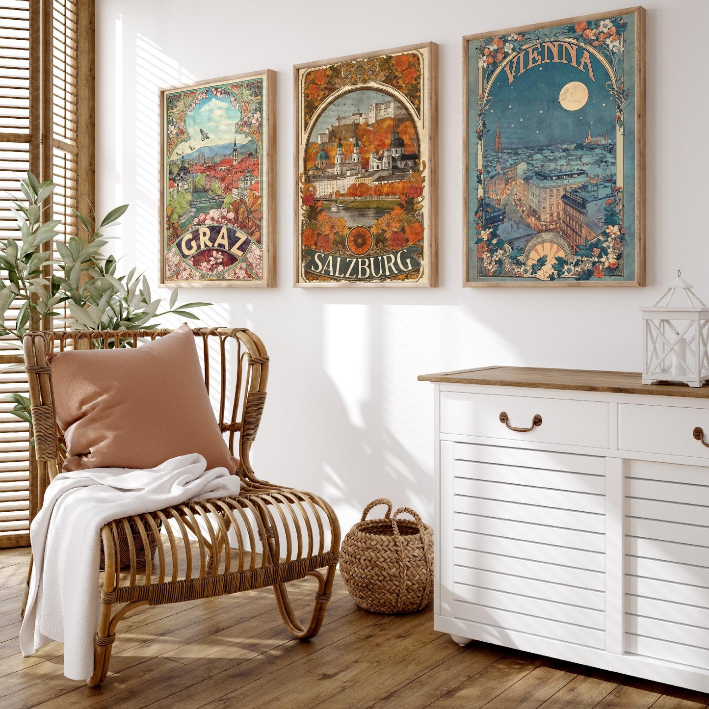 Austria Art Nouveau Set of Three Travel Posters - Graz, Salzburg, Vienna - 3 Ornate Vintage City Art Prints - Illustration