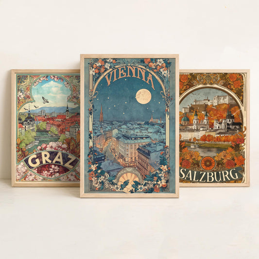 Austria Art Nouveau Set of Three Travel Posters - Graz, Salzburg, Vienna - 3 Ornate Vintage City Art Prints - Illustration