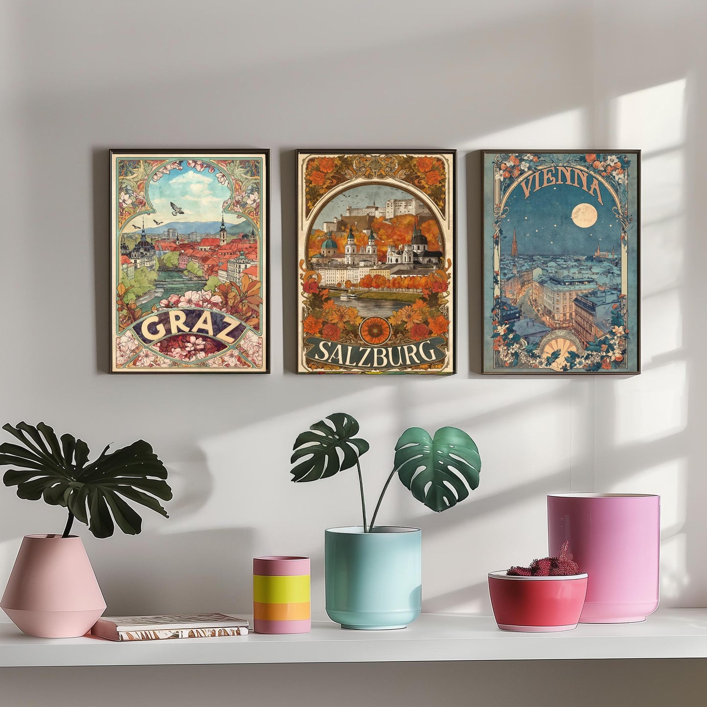 Austria Art Nouveau Set of Three Travel Posters - Graz, Salzburg, Vienna - 3 Ornate Vintage City Art Prints - Illustration