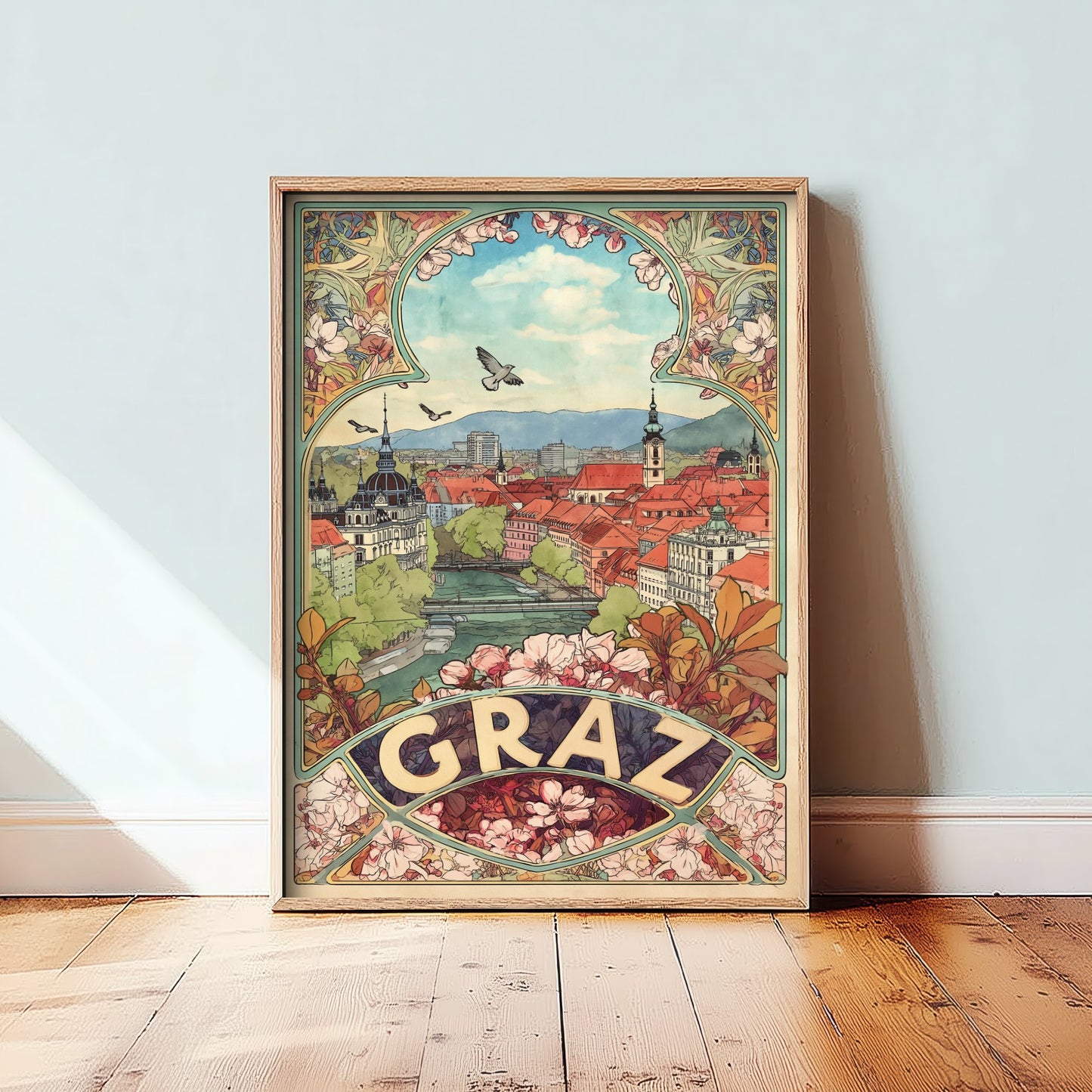 Graz Art Nouveau Travel Poster - Austria Art Print - Vintage City Illustration - Ornate Floral Cityscape 1/3