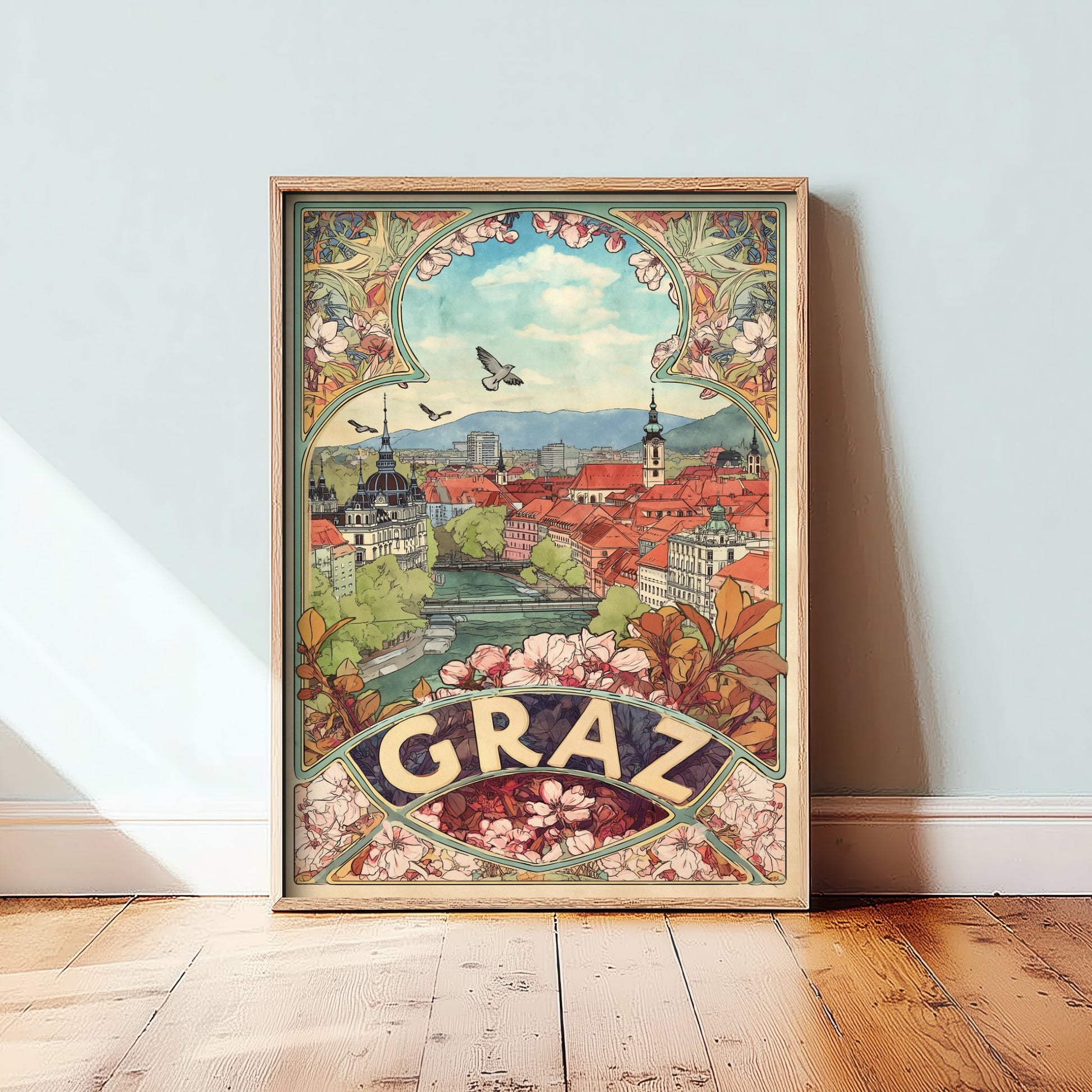 Graz Art Nouveau Travel Poster - Austria Art Print - Vintage City Illustration - Ornate Floral Cityscape 1/3