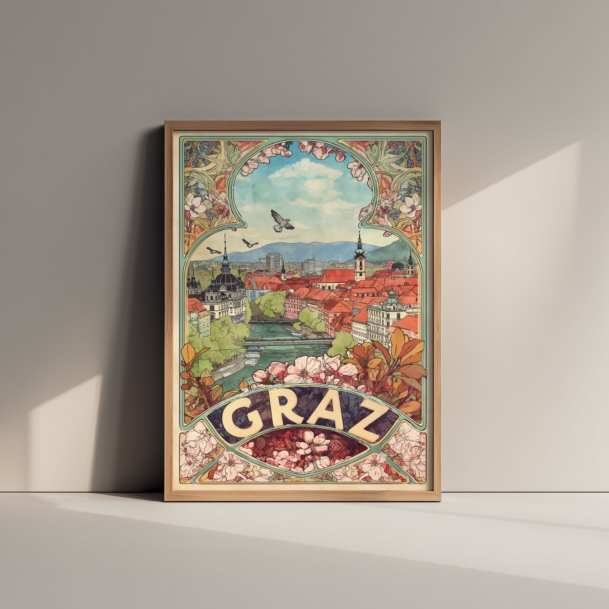 Graz Art Nouveau Travel Poster - Austria Art Print - Vintage City Illustration - Ornate Floral Cityscape 1/3