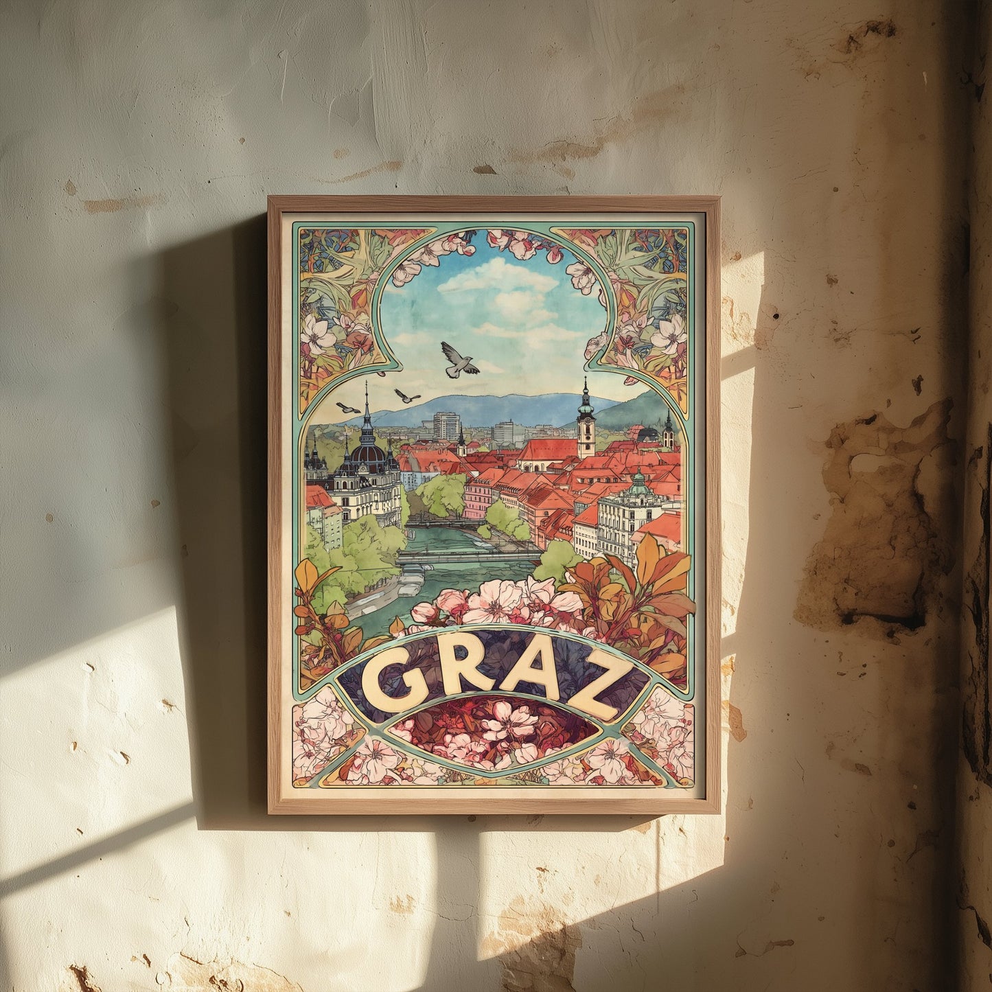 Graz Art Nouveau Travel Poster - Austria Art Print - Vintage City Illustration - Ornate Floral Cityscape 1/3