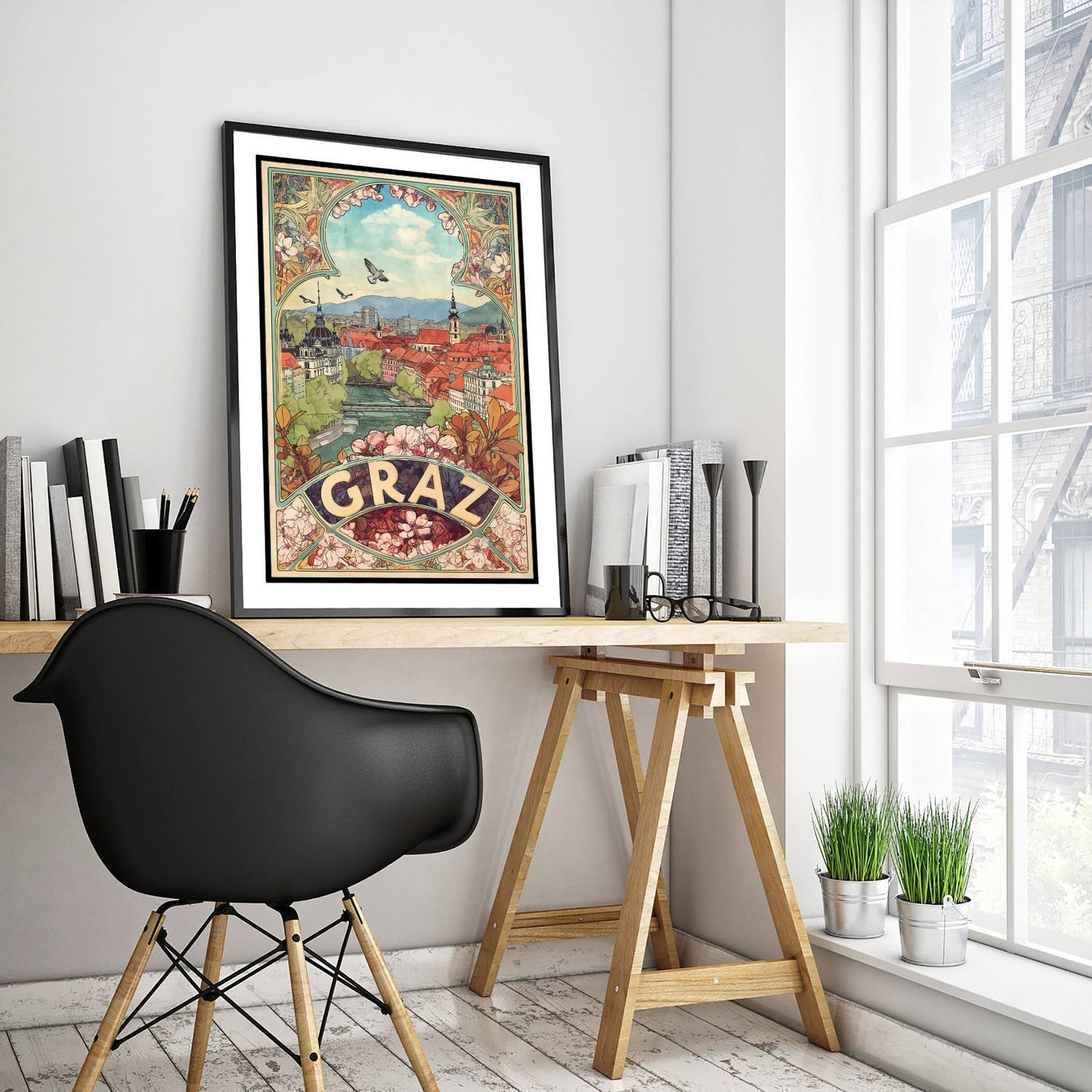 Graz Art Nouveau Travel Poster - Austria Art Print - Vintage City Illustration - Ornate Floral Cityscape 1/3