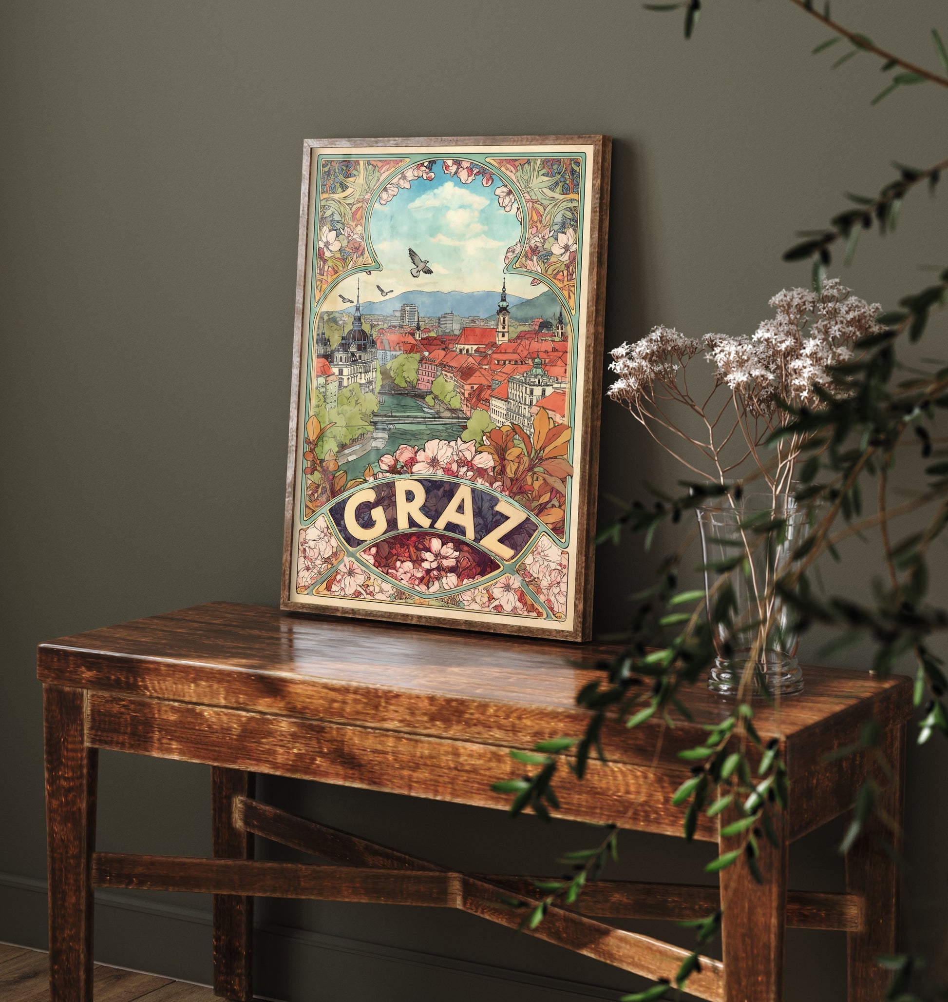 Graz Art Nouveau Travel Poster - Austria Art Print - Vintage City Illustration - Ornate Floral Cityscape 1/3