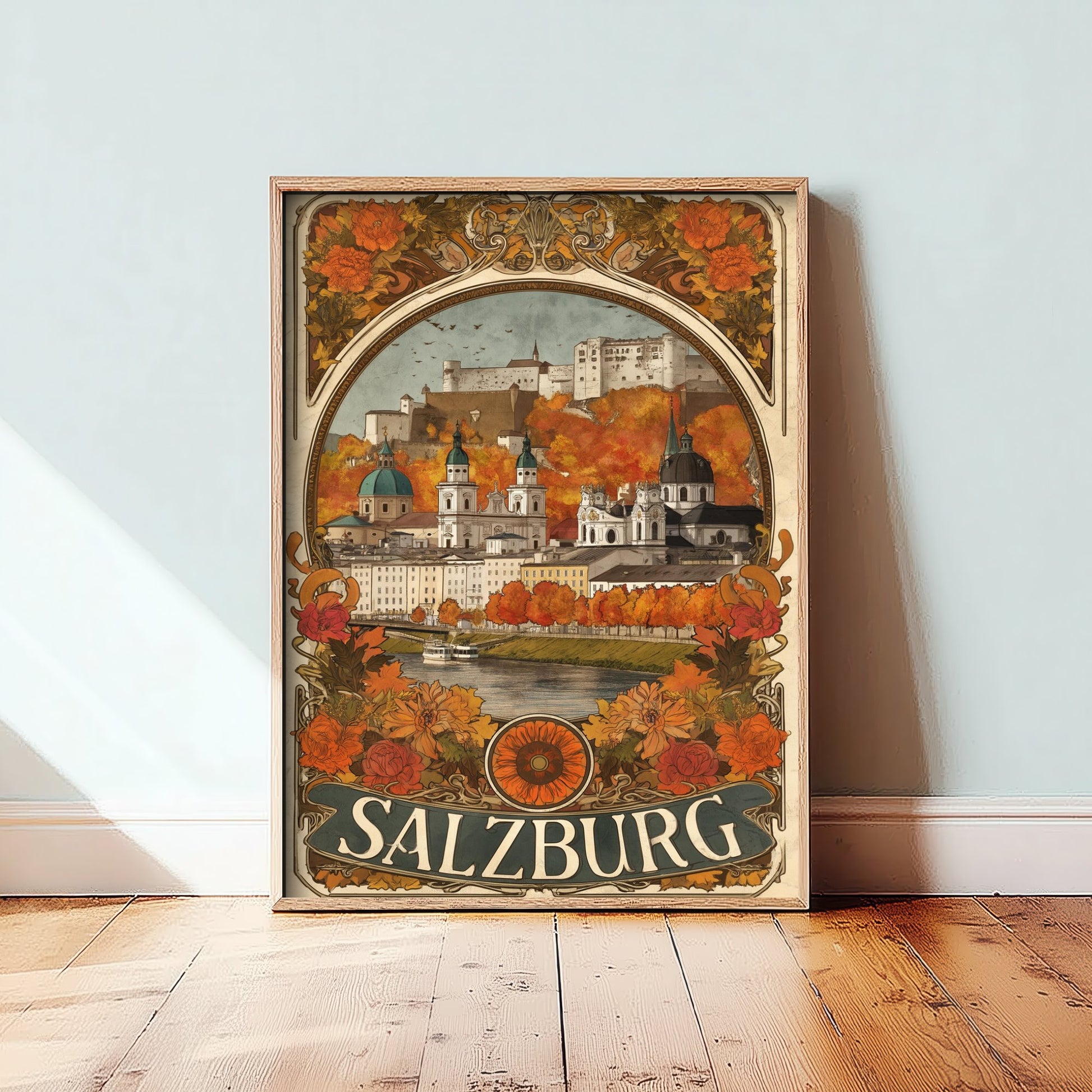 Salzburg Art Nouveau Travel Poster - Austria Art Print - Vintage City Illustration - Autumn Floral Cityscape 2/3