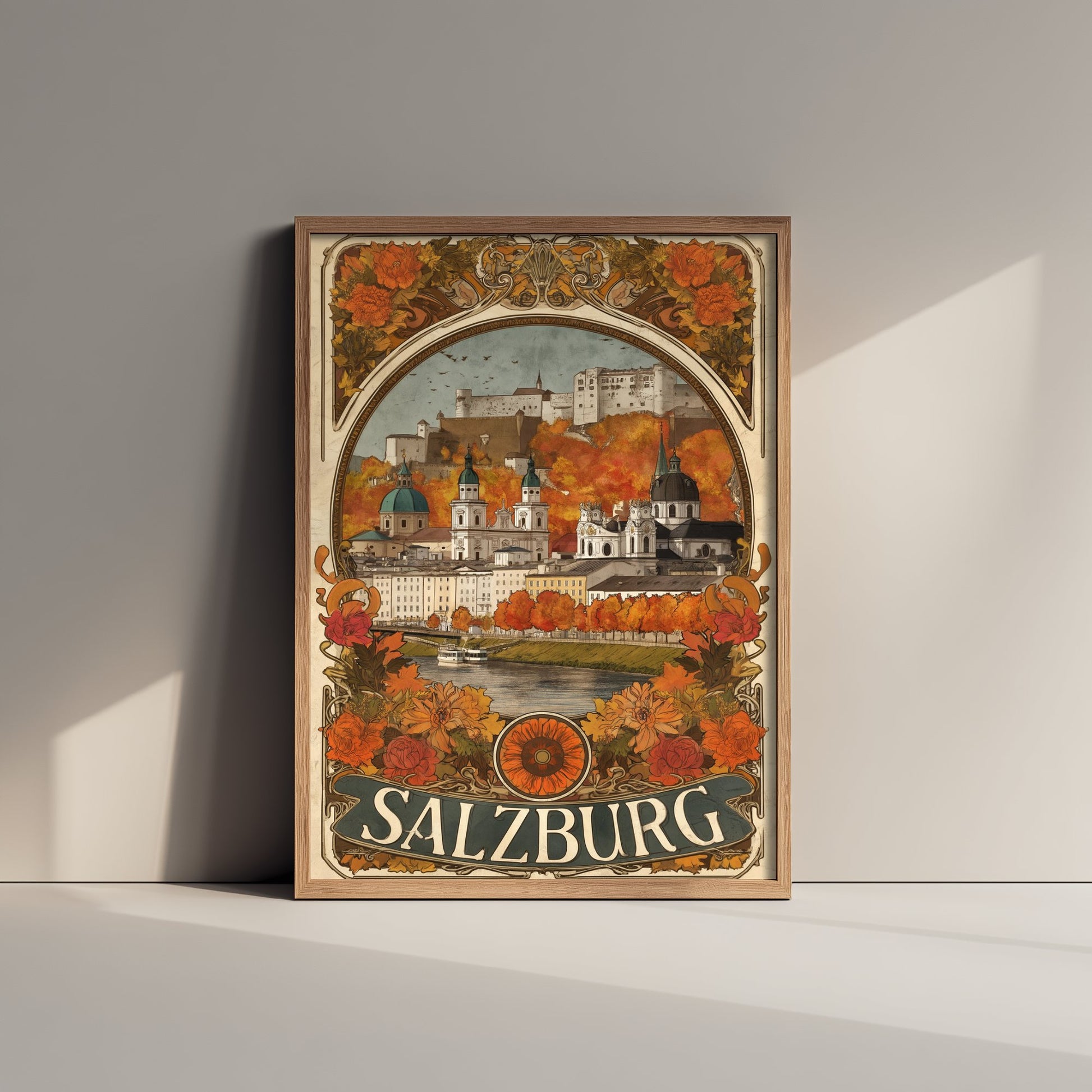 Salzburg Art Nouveau Travel Poster - Austria Art Print - Vintage City Illustration - Autumn Floral Cityscape 2/3